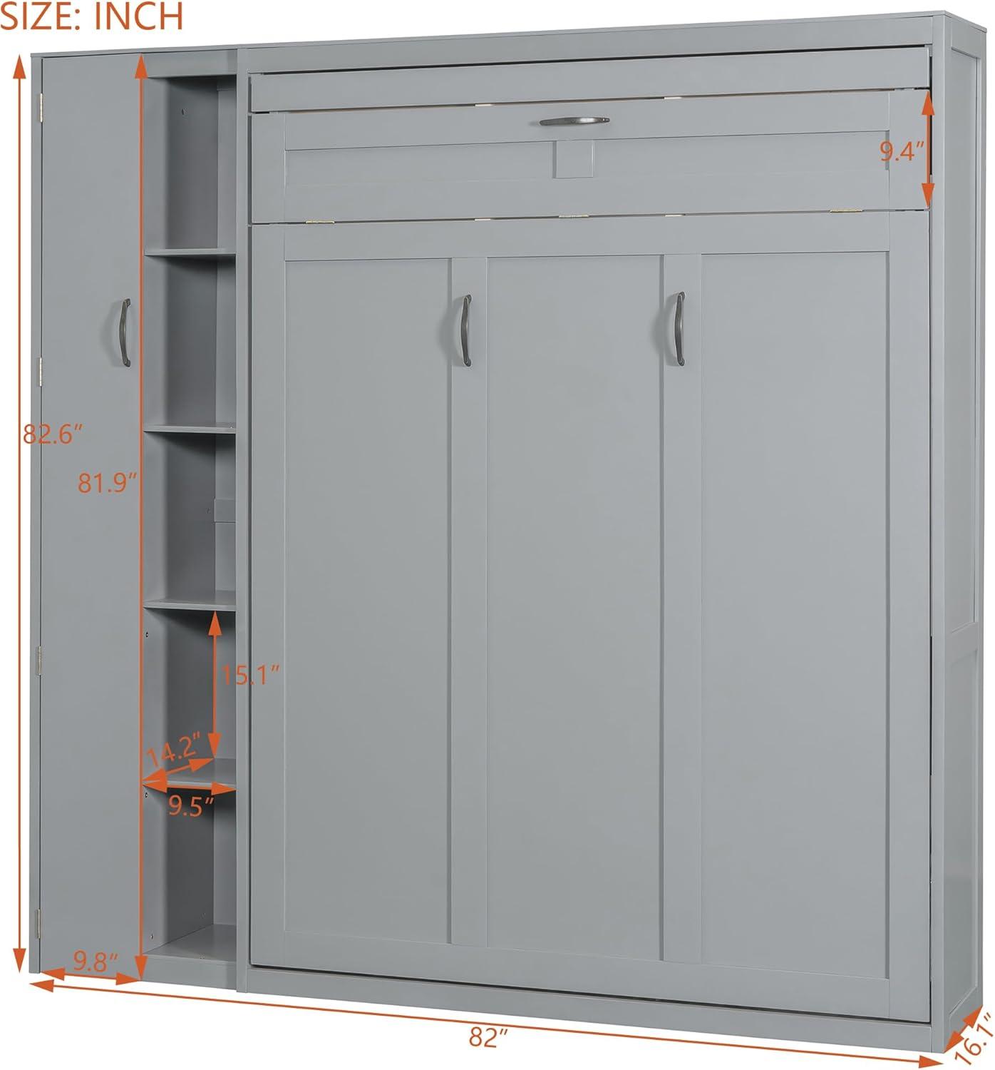 P PURLOVE Murphy Bed Full, Wood Wall Bed with Shelves, Wardrobe and LED Lights, No Box Spring Needed (Gray)