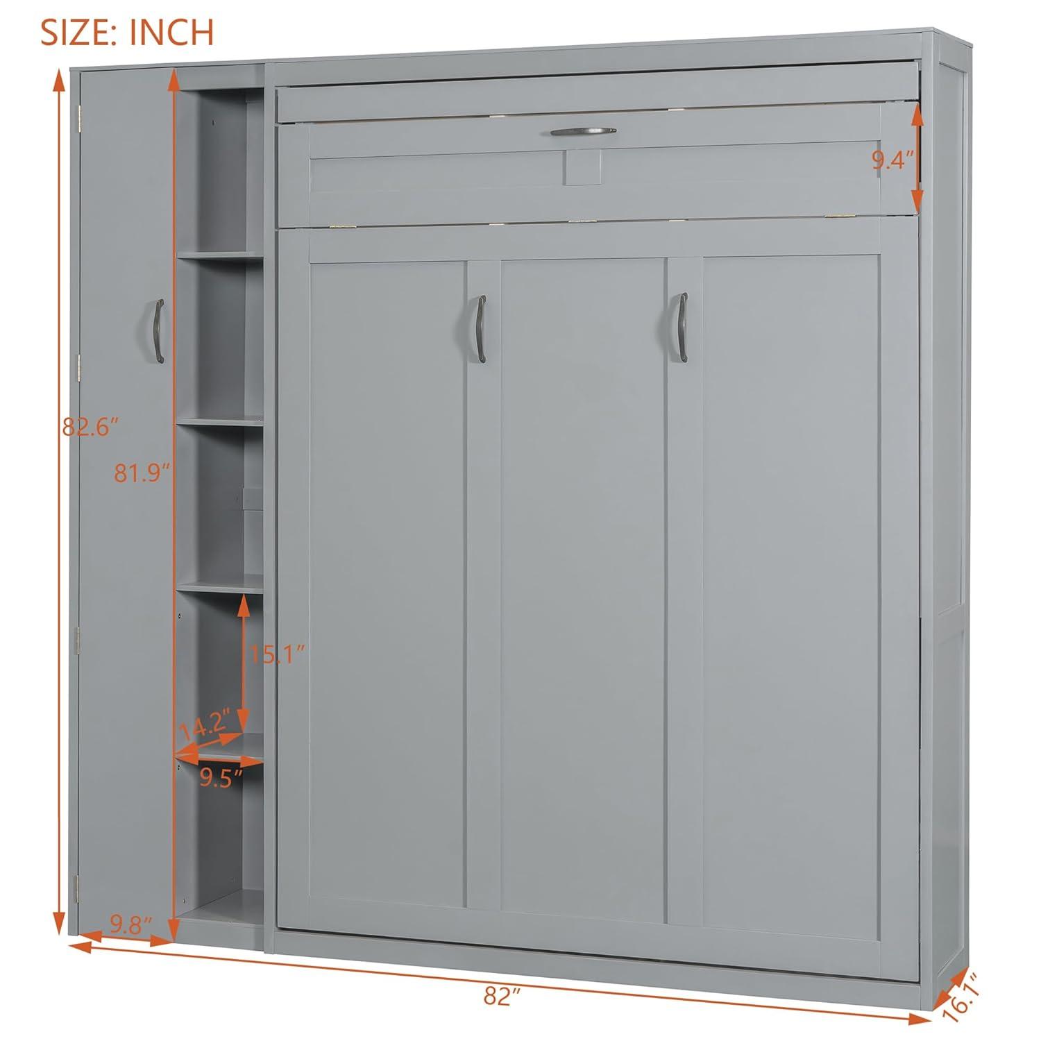 P PURLOVE Murphy Bed Full, Wood Wall Bed with Shelves, Wardrobe and LED Lights, No Box Spring Needed (Gray)