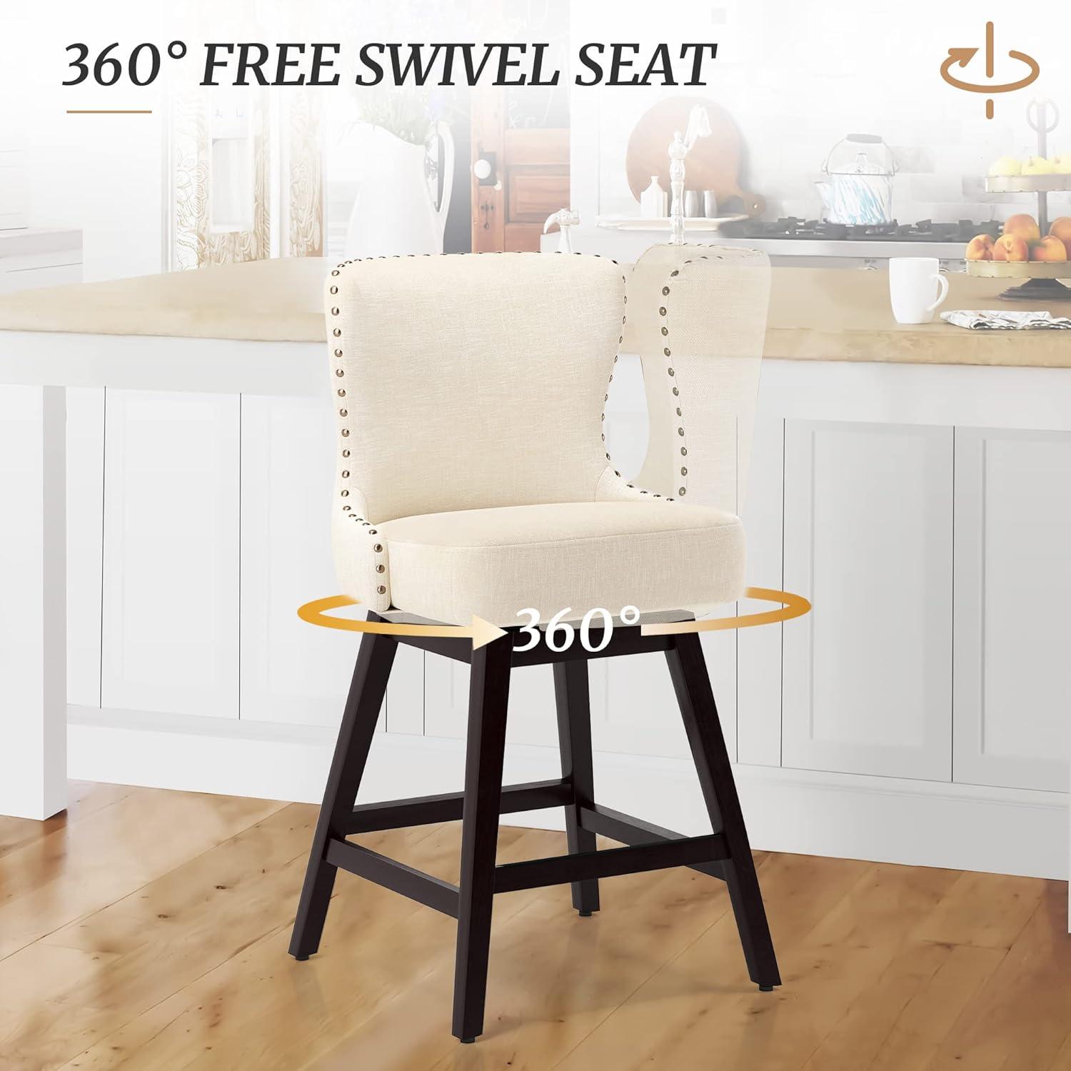 Counter Height Bar Stools, 26" H Swivel Bar Stool with Back, Linen Fabric Counter Stool, Solid Wood Legs, Retro Upholstered Barstools for Kitchen Island, Home Bar, Pub, Beige