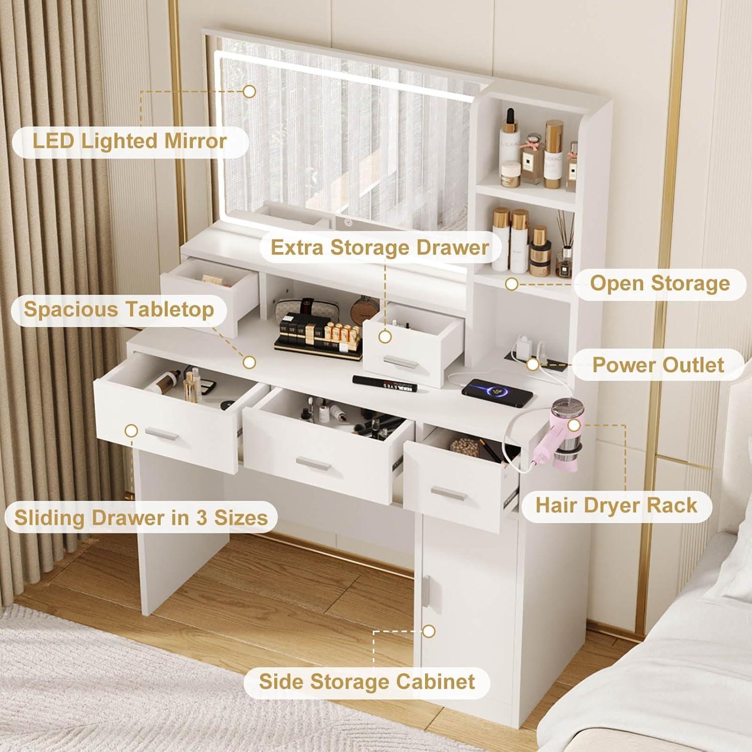 Vanity Desk with Large LED Mirror, Large Vanity Table with Charging Station, Makeup Vanity Desk with Drawers for Bedroom Dressing Room, Women Girls