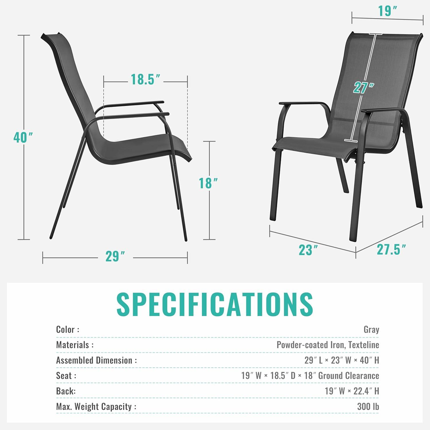 Yaheetech Set of 2 Outdoor Texteline Stackable Dining Chairs with Backrest/ Armrests for Garden, Lawn, Porch, Backyard Pool, Gray