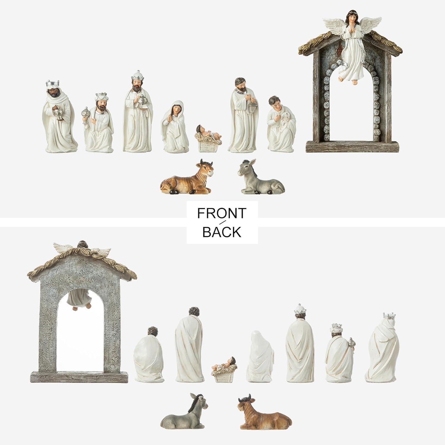 Ivory Resin Nativity Scene Set with Angel and Holy Family