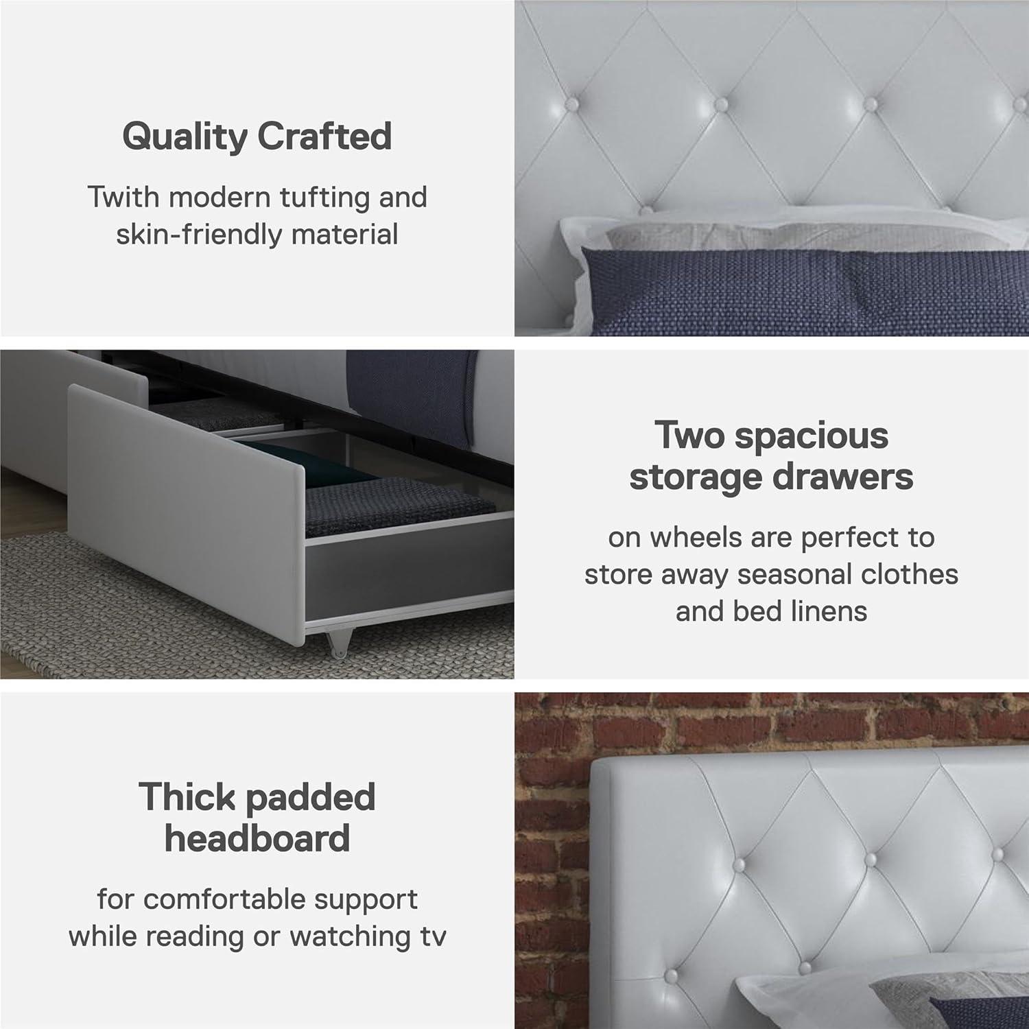 Twin White Upholstered Platform Bed with Storage Drawers