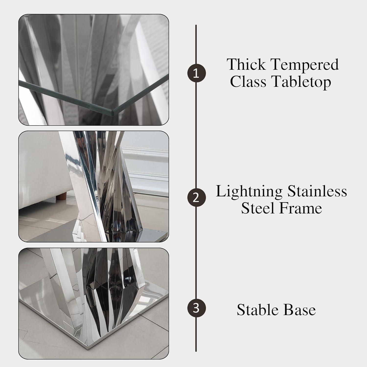 Ssline Silver Mirror Finish Stainless Steel Base End Table with Tempered Glass Top,Size 22.84*22.84*21.65