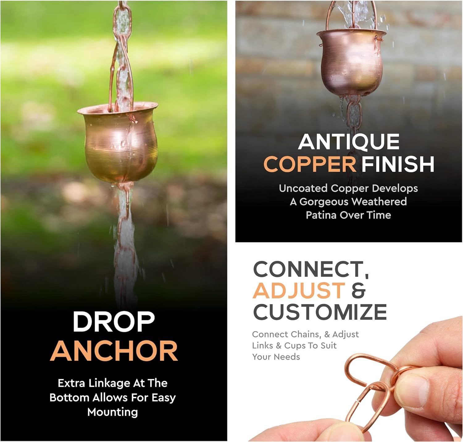 Marrgon Marrgon Copper Rain Chain with Pot Style Cups for Gutter Downspout Replacement