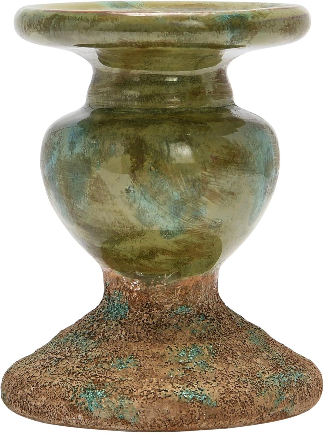 Distressed Green Ceramic Sculptural Pillar Candle Holder