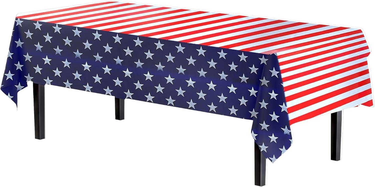 Crown Display 54 Inch. X 108 Inch. Patriotic Printed Plastic Table Cover- Stars & Strips-12 Pack