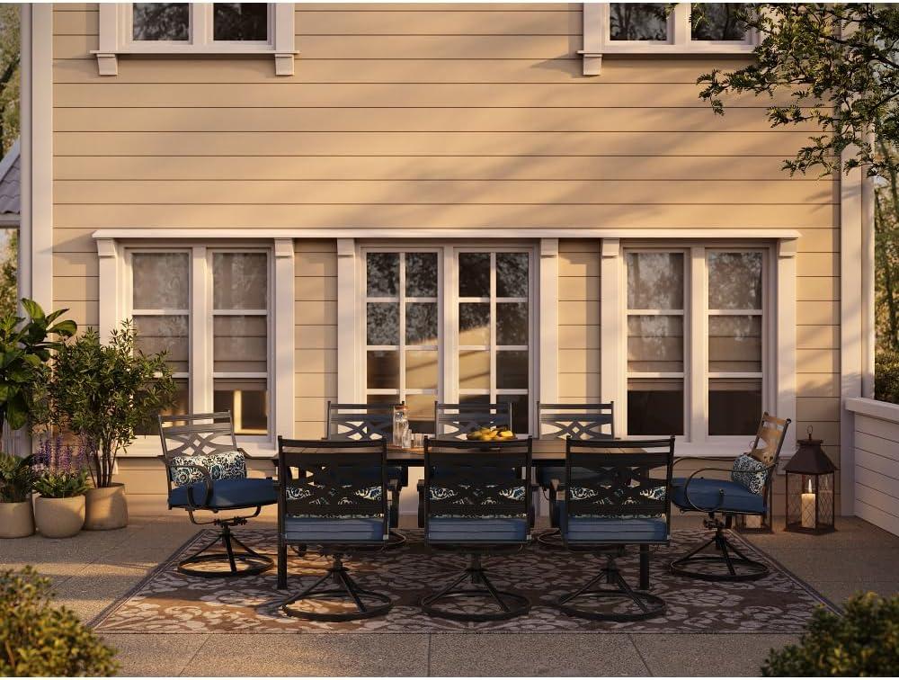 Hanover Montclair 9-Piece All-Weather Outdoor Patio Dining Set, 8 Swivel Rocker Chairs with Comfortable Seat and Lumbar Cushions, 84"x42" Stamped Rectangle Table, MCLRDN9PCSW8-NVY