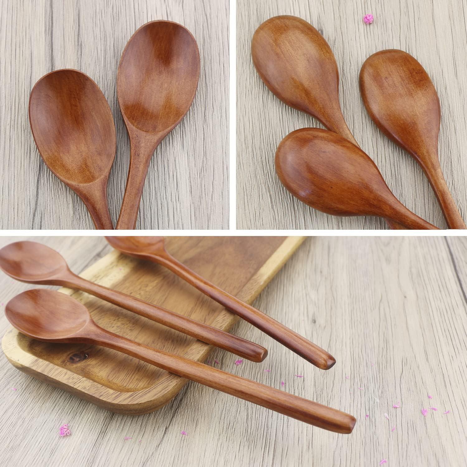 QIFEI 6Pcs Wooden Spoons, 9 inch Wood Soup Spoons for Eating Mixing Stirring, Long Handle Spoon with Japanese Style Kitchen Utensil, Eco Friendly Table Spoon