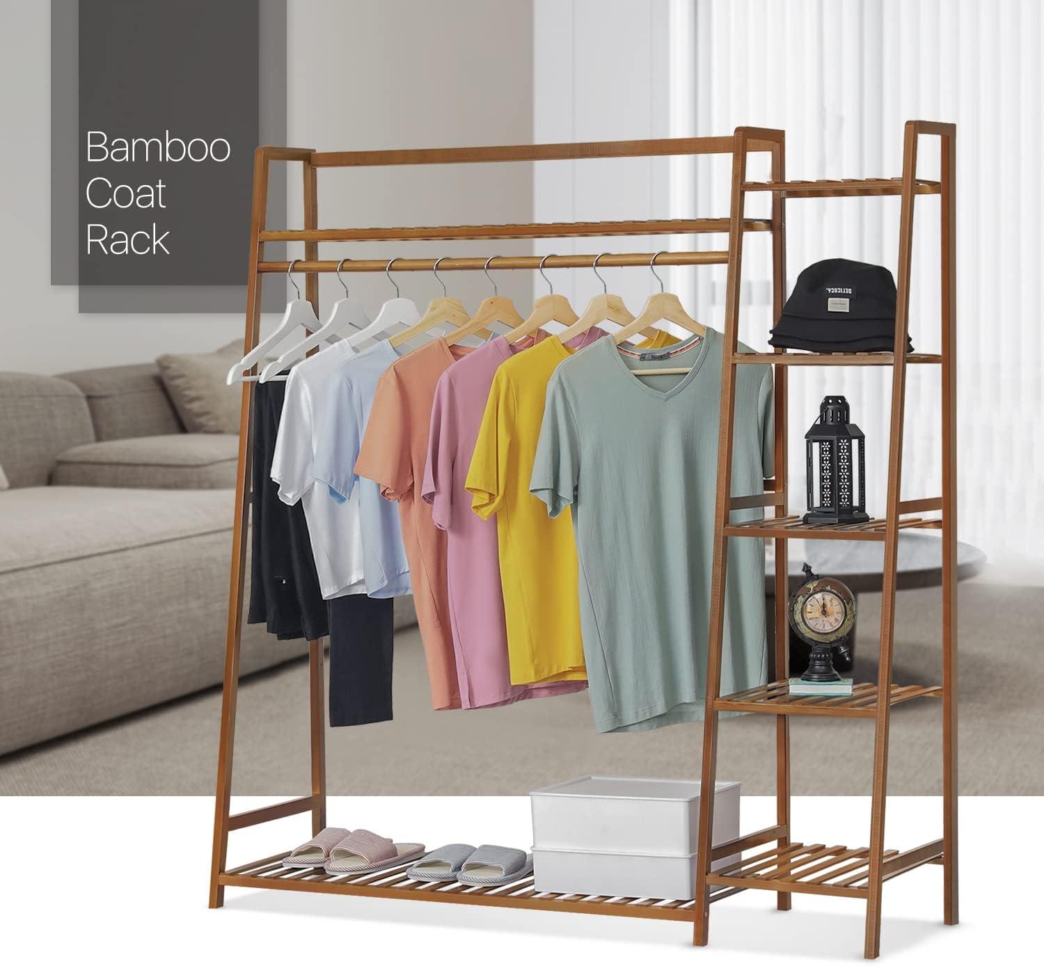 MoNiBloom Bamboo Garment Rack with 5-Tier Storage Shelves Trapezoid Multi-Functional Garment Rack, Clothes Hanging Rack Stand for Bedroom Living Room, Natural
