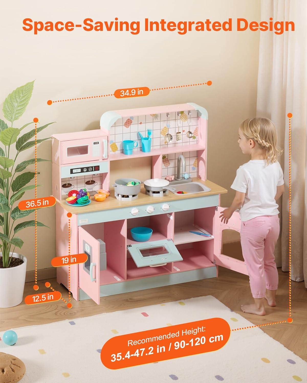 VEVOR Play Kitchen for Kids, Wooden Toy Kitchen Set with Lights and Sounds, Toddler Kitchen with Ice Maker, Oven, Sink, Microwaves, Fridge and Utensil and Fruit Accessory for Toddlers ages 3-8, Pink