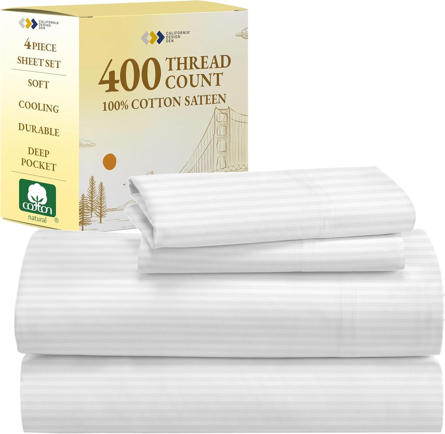 Cotton Sheets Set - Softest 400 Thread Count Bed Sheets, 100% Cotton Sateen, Cooling, Deep Pocket by California Design Den