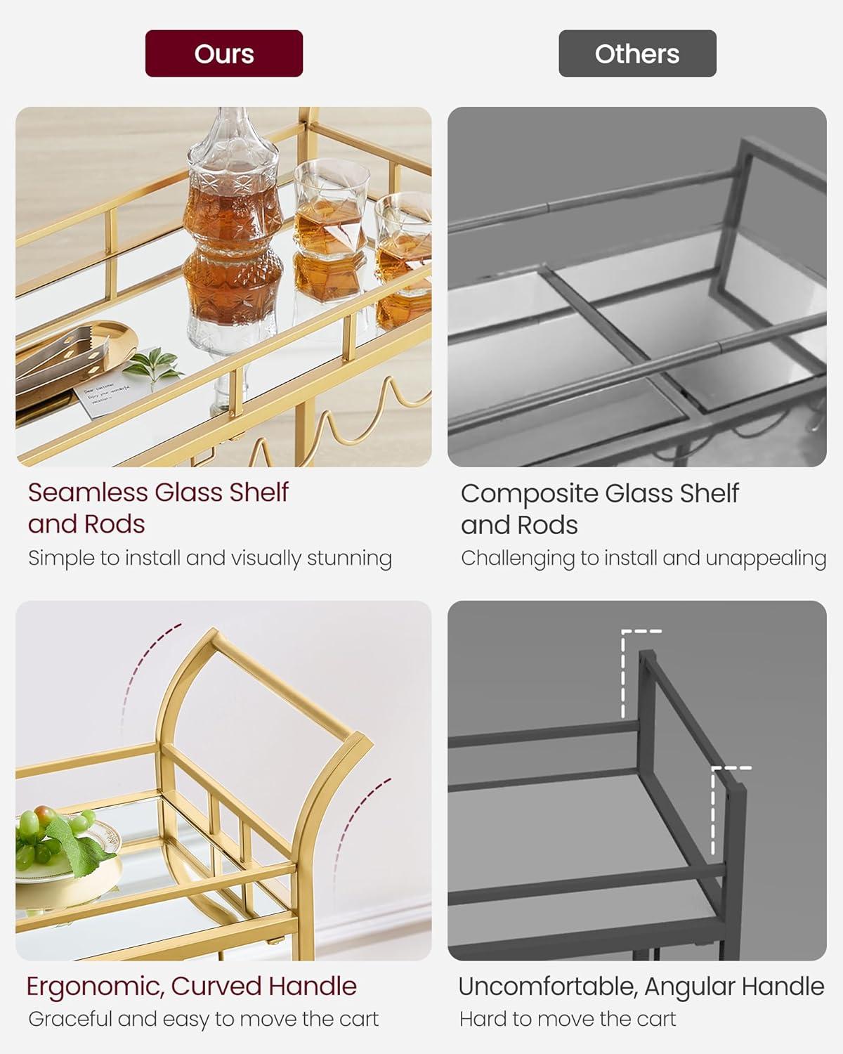 Gold Bar Cart with Mirrored Shelves and Wine Holders