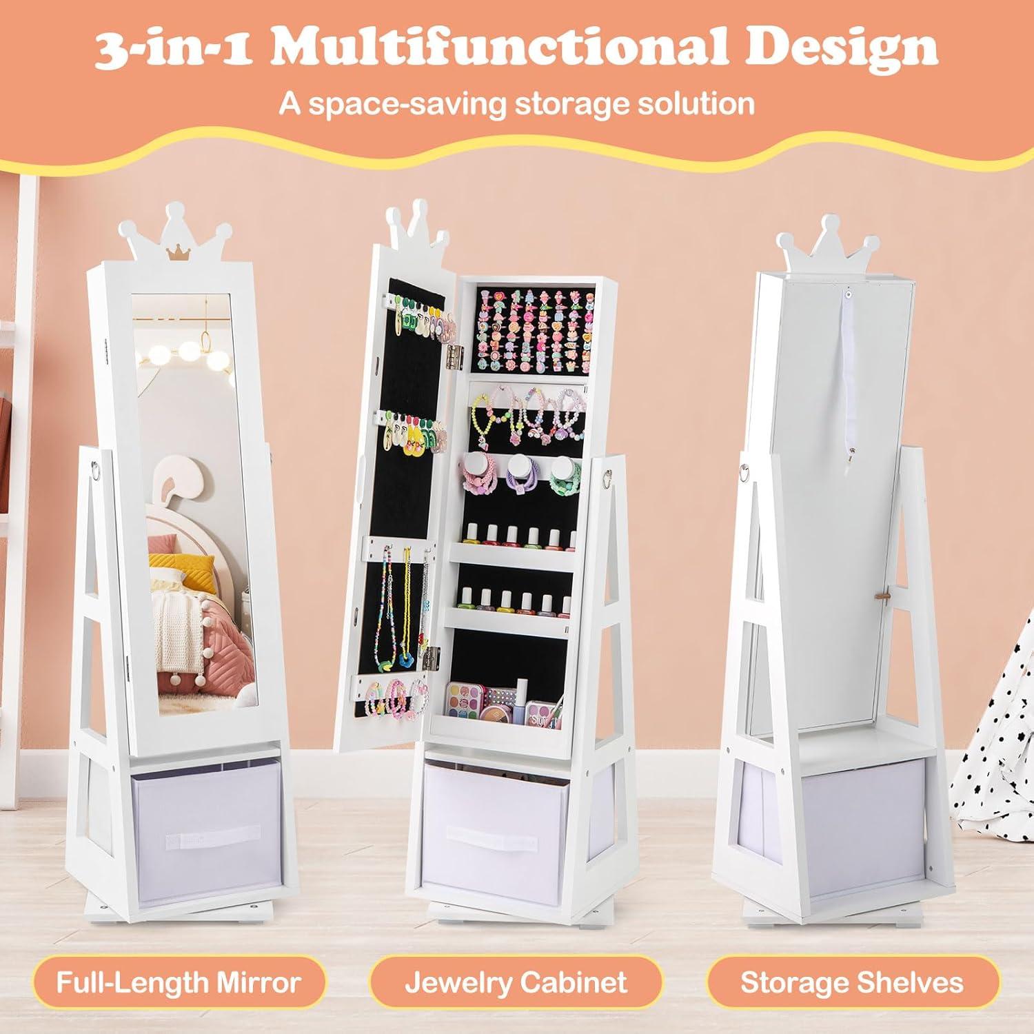 Tangkula Kids Jewelry Cabinet with Full-Length Mirror Drawer 2 Adjustable Tilt Angles White