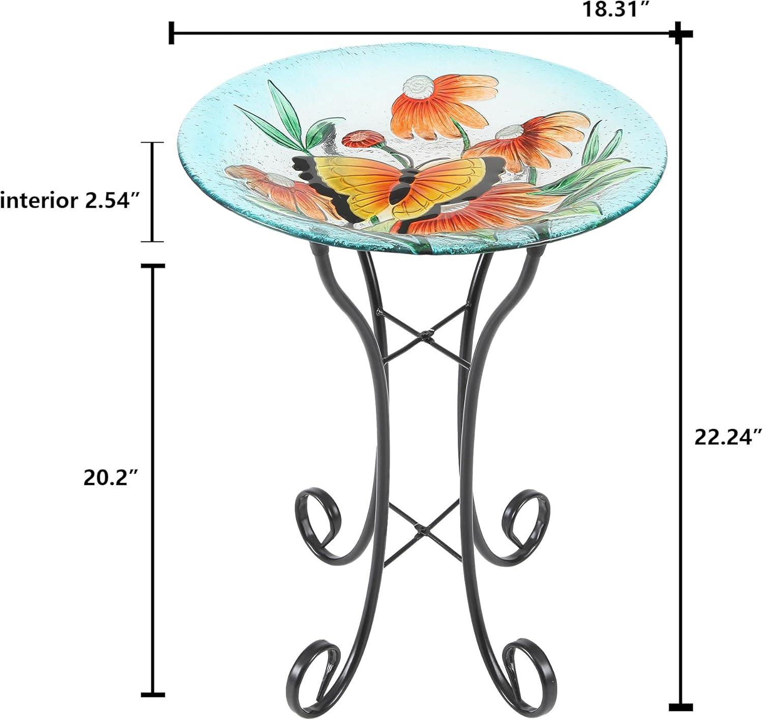 LuxenHome Butterfly and Flowers Glass Bird Bath with Metal Stand