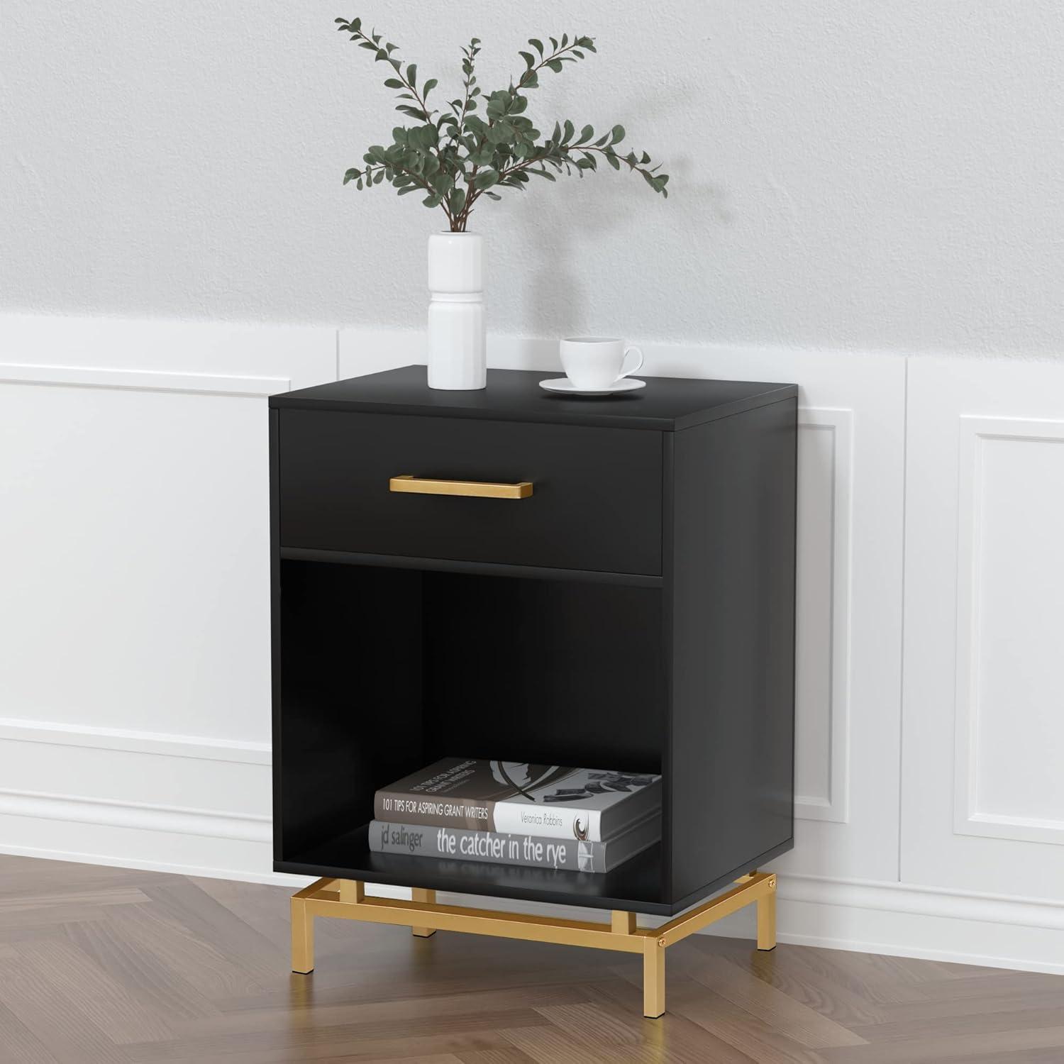 Anmytek  Modern 1-Drawer Black Nightstand Wood Bedside Table End Table with Open Shelf for Bedroom