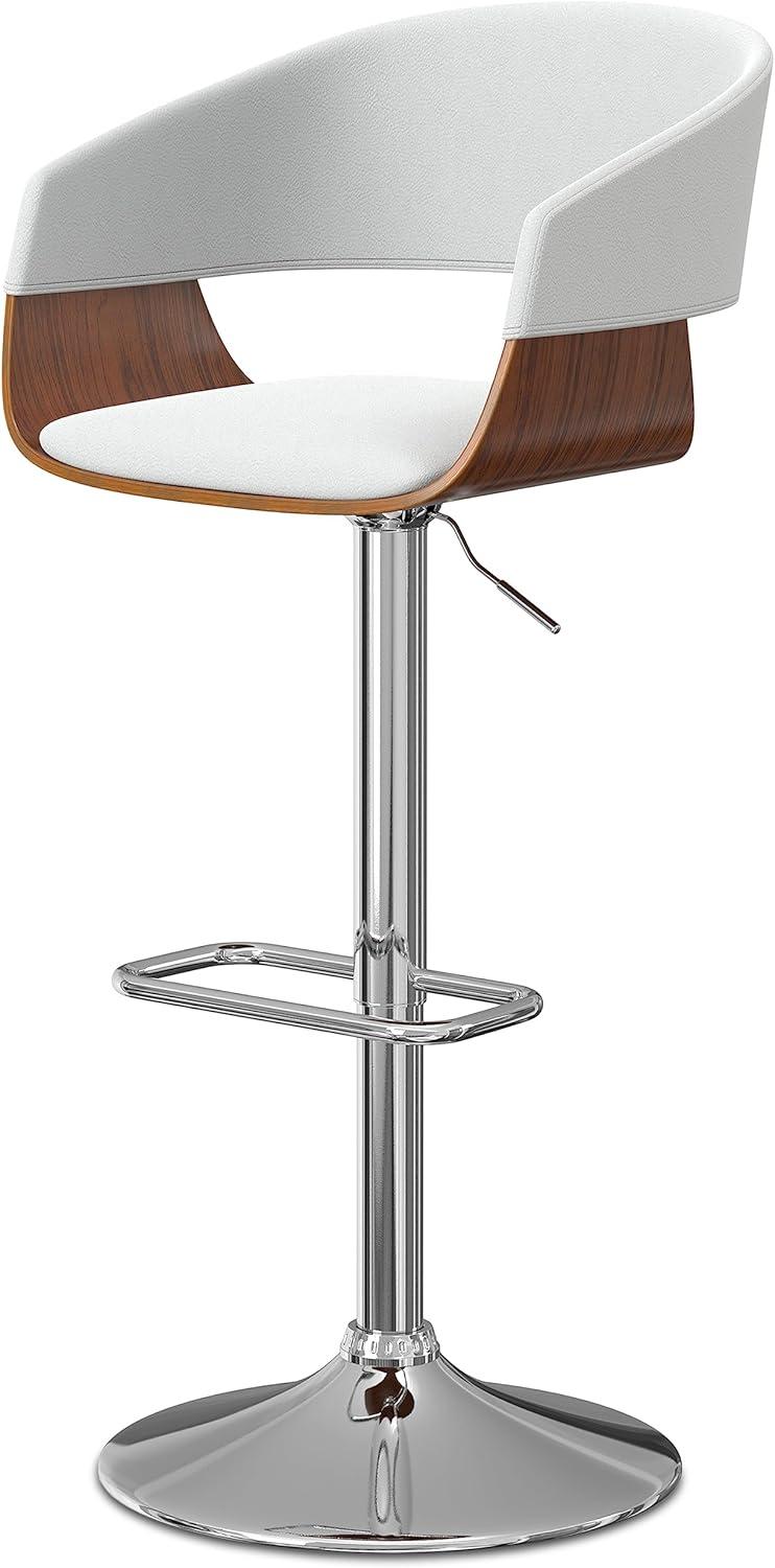 White Faux Leather Adjustable Swivel Bar Stool with Wood Accents