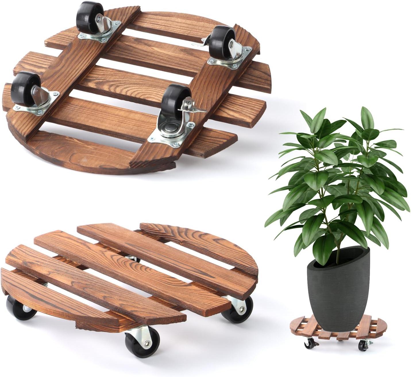 BUSATIA 2pack 12" Plant Caddy Plant Stand with Wheels,Rolling Plant Stand Heavy Duty Wooden Round Plant Dolly Rollers with 360°Metal Lockable Casters Indoor Outdoor Pot Plant Roller Base Caddies