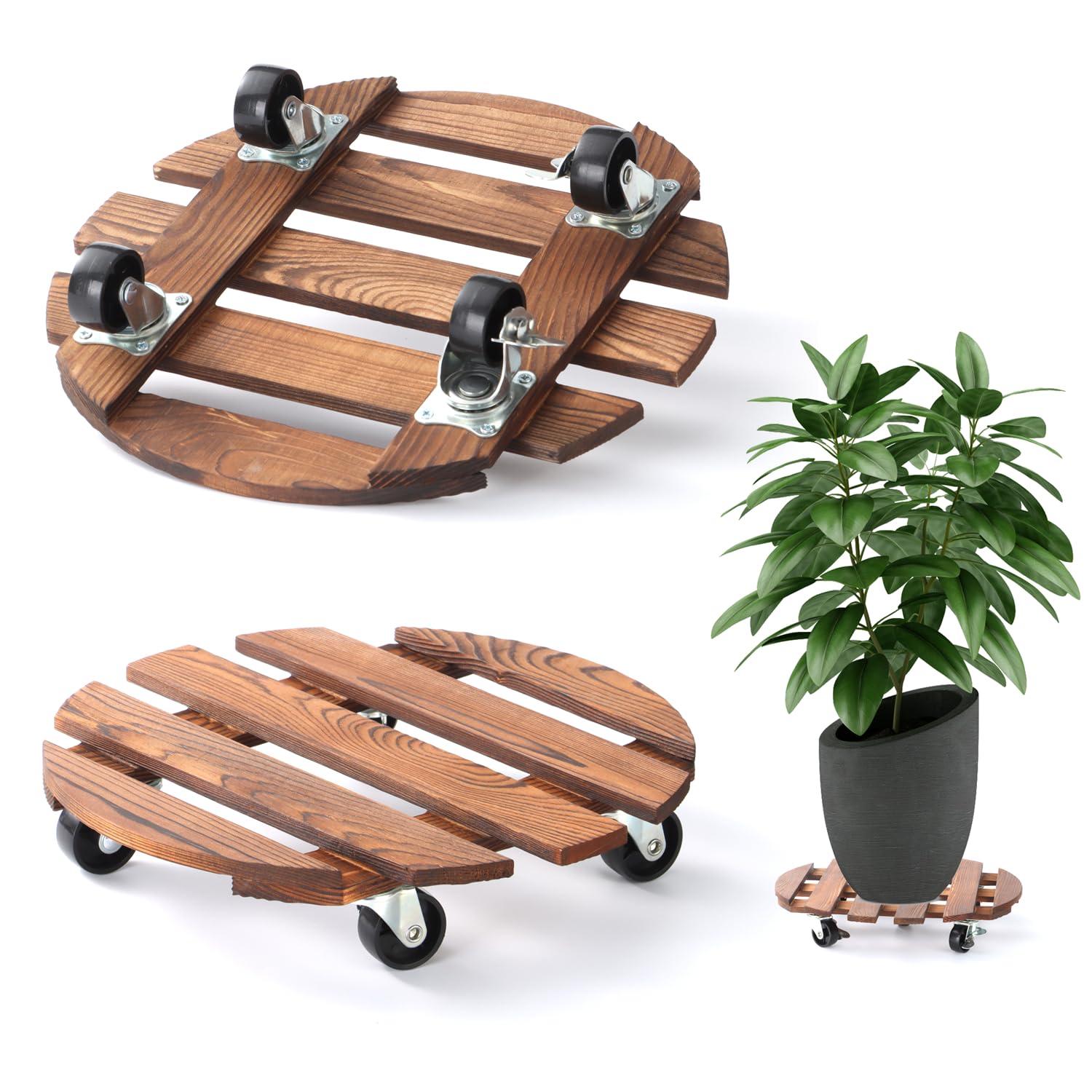 BUSATIA 2pack 12" Plant Caddy Plant Stand with Wheels,Rolling Plant Stand Heavy Duty Wooden Round Plant Dolly Rollers with 360°Metal Lockable Casters Indoor Outdoor Pot Plant Roller Base Caddies