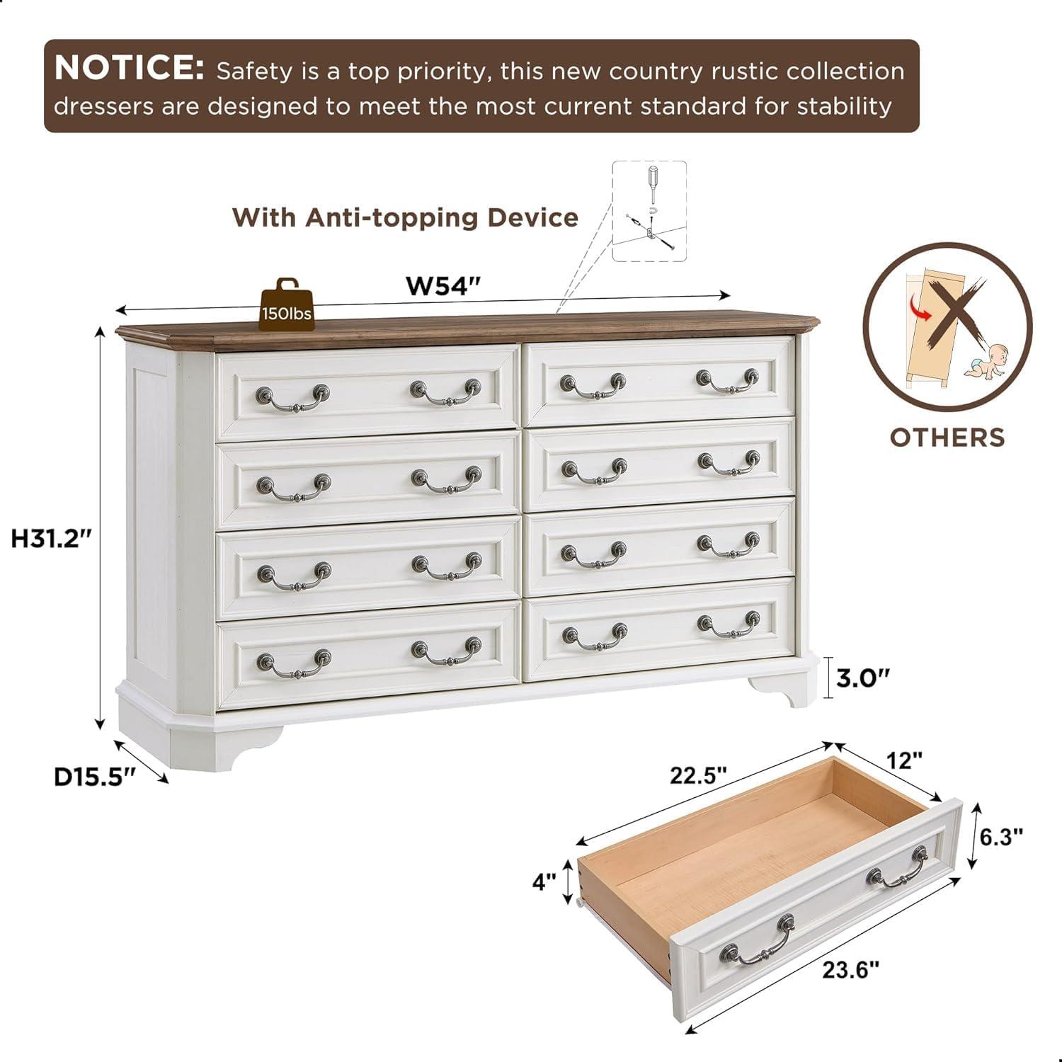T4TREAM Farmhouse 8 Drawers Dresser for Bedroom, 54" Wide Wood Rustic Chest of Drawers with Natural Texture, Vintage Design, Storage Dressers Organizer for Bedroom, Living Room (Antique White)