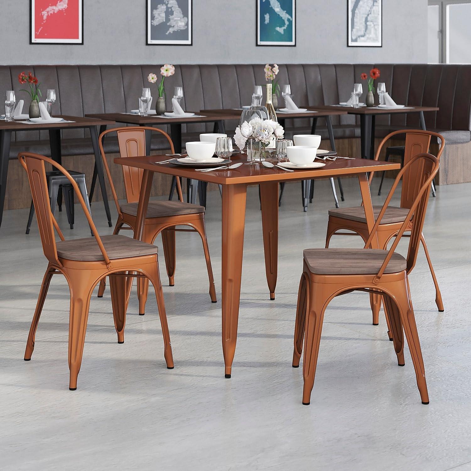 Copper Metal Stackable Dining Chair with Wood Seat