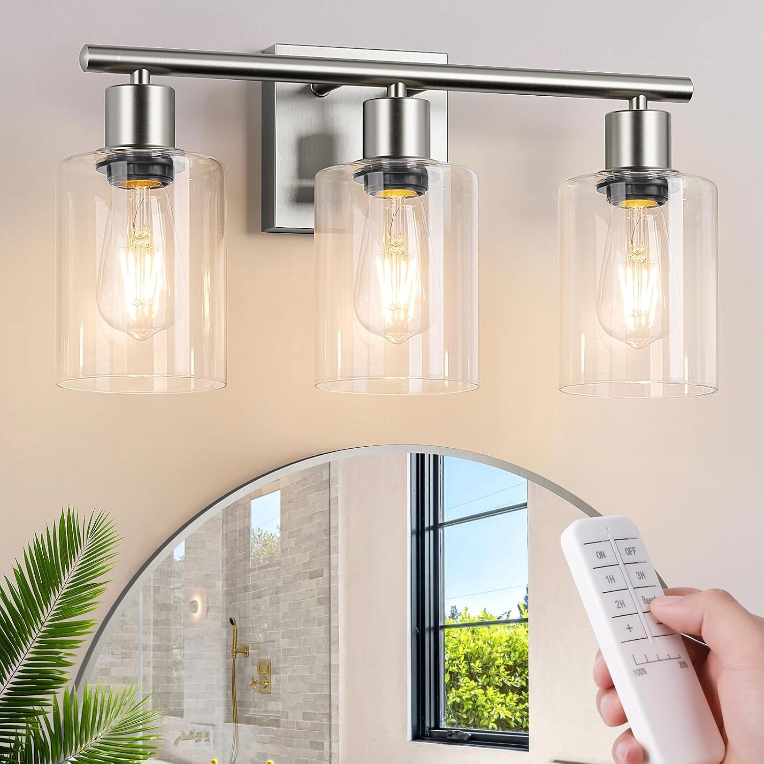 Vanity Wall Light Fixtures, Modern 3 Lights Wall Sconce with Clear Glass Shade, Brushed Nickel Farmhouse Wall Lamp for Bathroom Mirror Kitchen Porch Living Room Workshop (E26 Base)