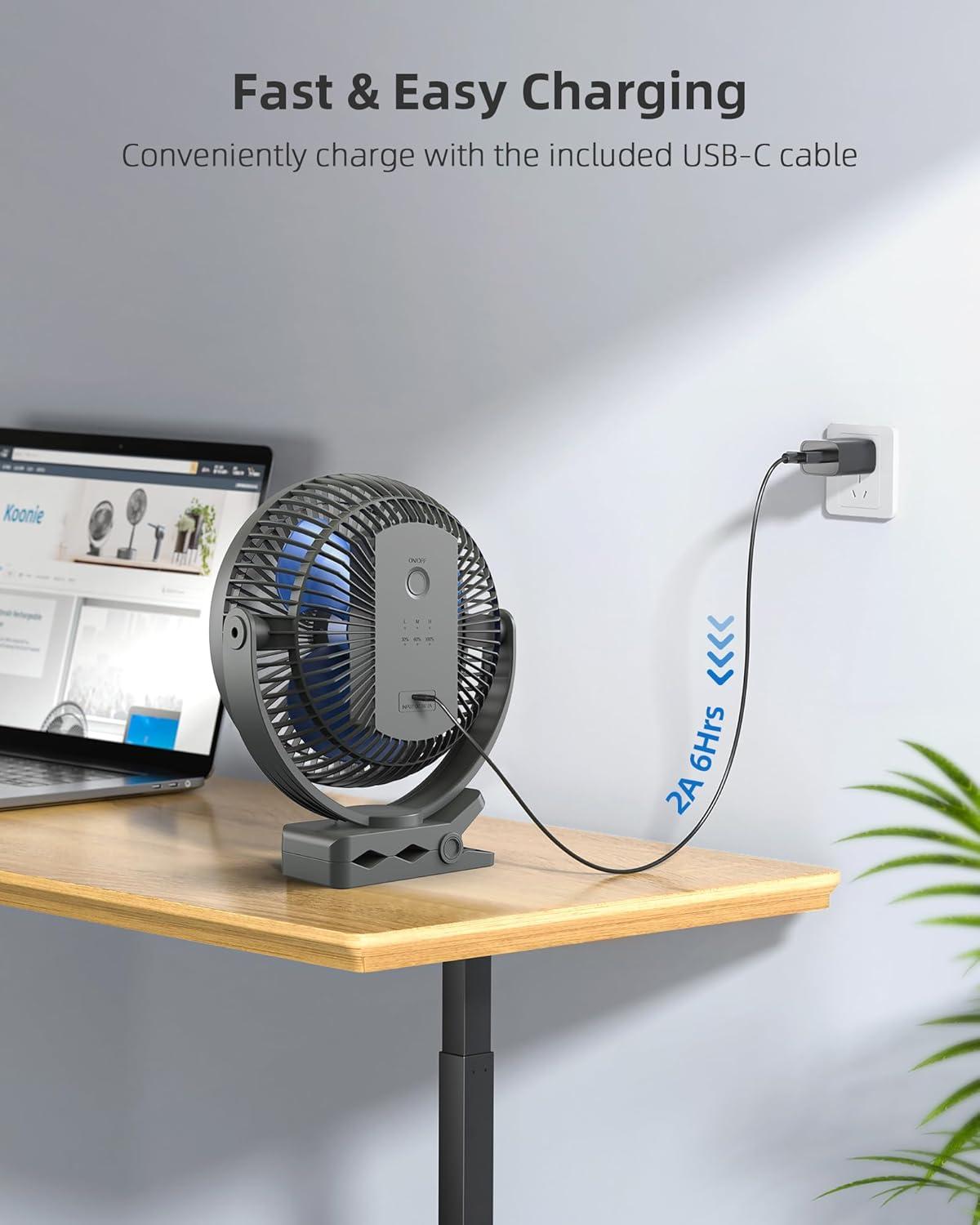 Gray and Blue Battery Powered Desk Fan with Clip