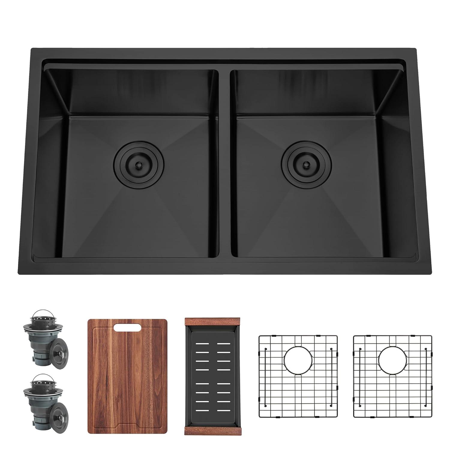 Blenzia 32 Inch Gold Double Bowl Kitchen Sink Undermount 50/50 Stainless Steel 16 Gauge Sinks 32" X 18" X 10"