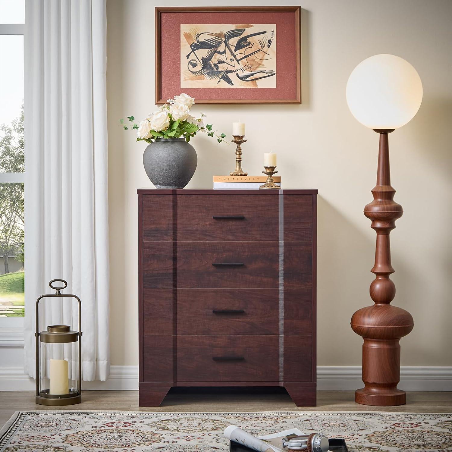 Ebern Designs Farmhouse Cherry Red Curved Tall 4 Drawers Dresser for Bedroom, 4 Chest of Drawers for Closet