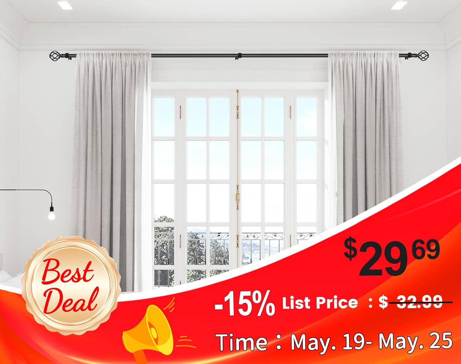 KAMANINA Black Curtain Rods for Windows 72 to 144 Inches (6-12ft), 1 Inch Heavy Duty Curtain Rod 32 to 144, Long Decorative Single Drapery Rods, Twisted Cage End