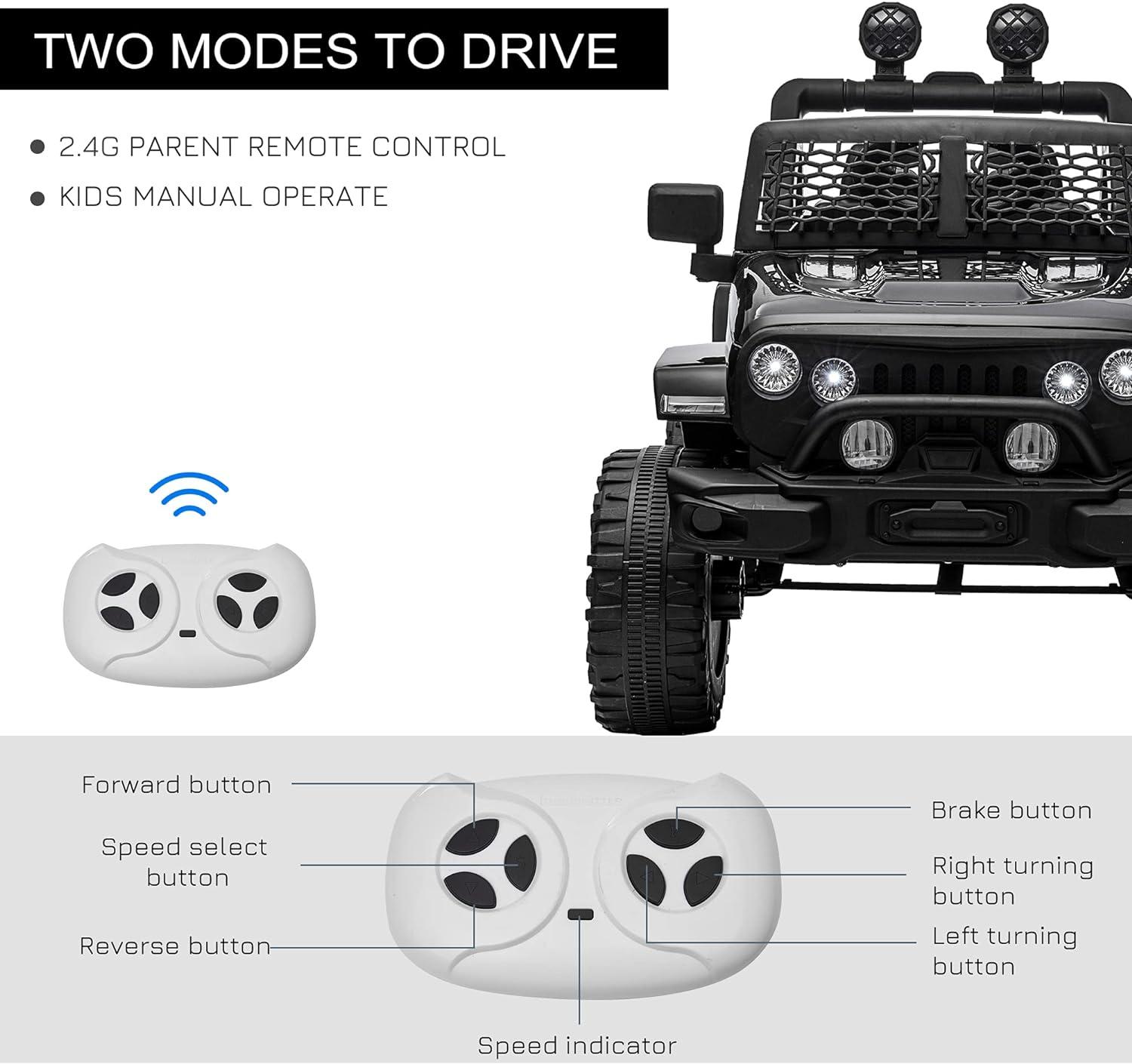 Aosom 12V Kids Ride On Truck with Parent Remote Control, Battery Powered Electric Car with Spring Suspension, Adjustable Speed, LED Lights and Horn, Black