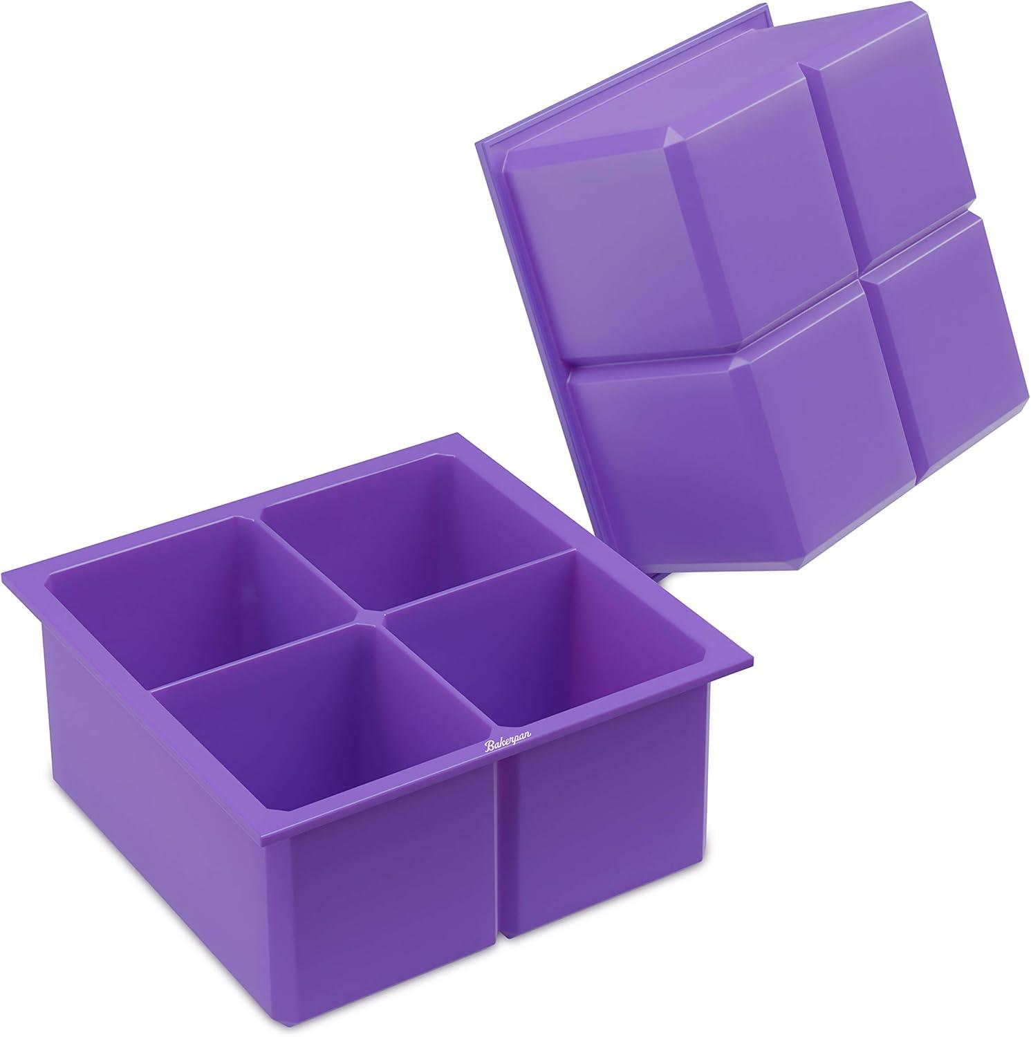 Bakerpan Silicone Large Ice Cube Mold Stackable Tray, 2 Inch Squares, 4 Cavities - Set of 2