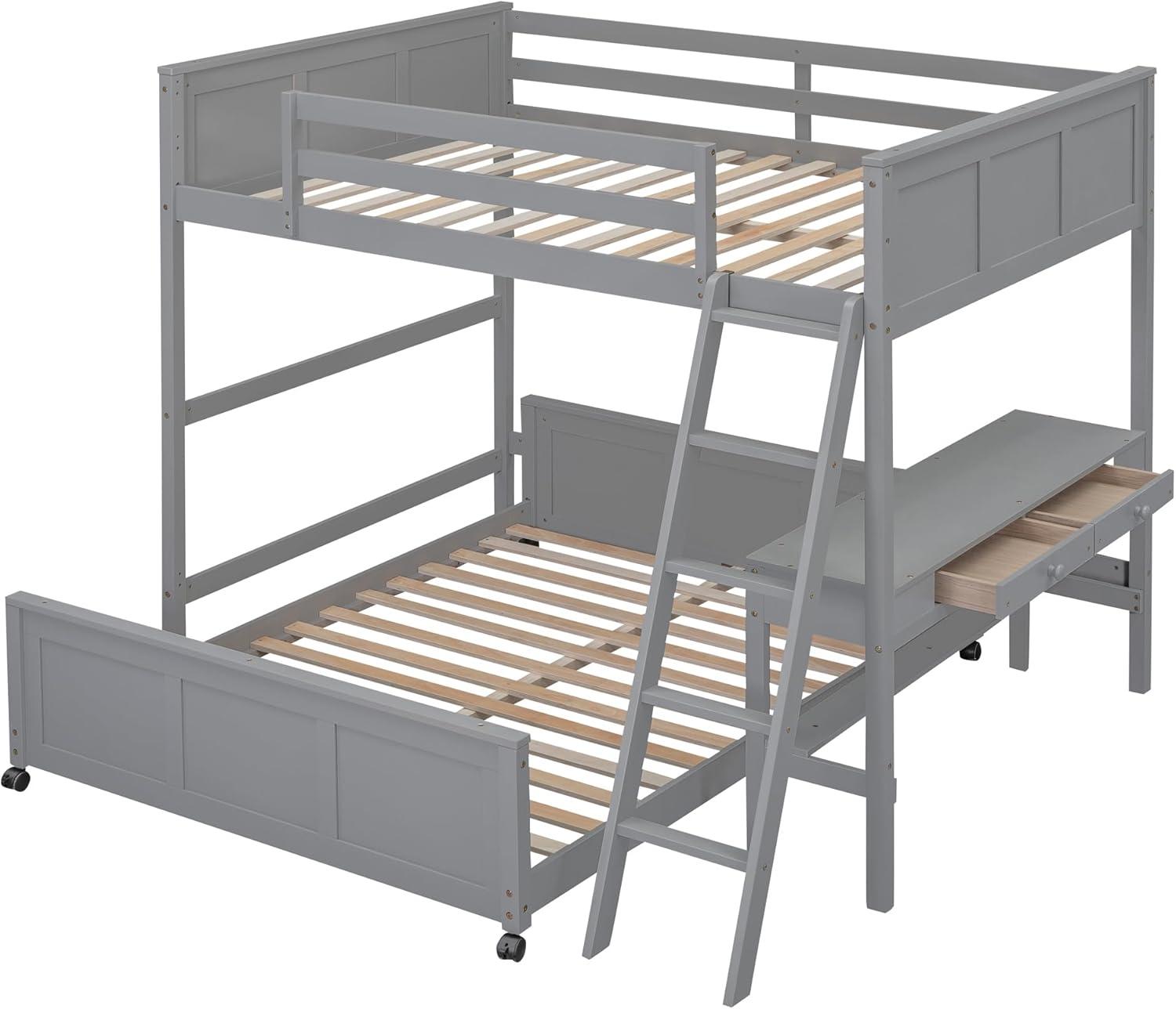 Gray Full Over Full Pine Wood Bunk Bed with Desk and Drawers