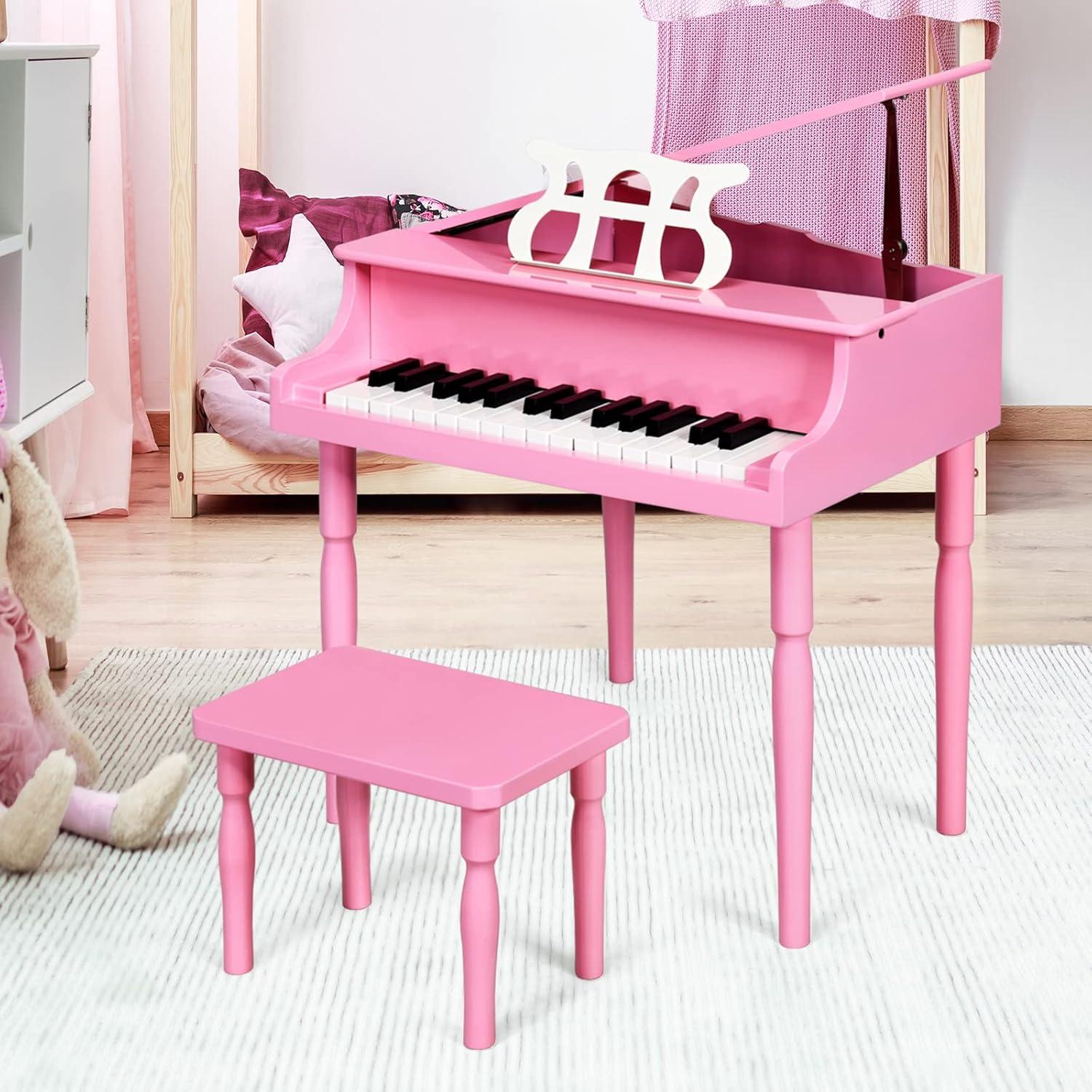 Costway 30-Key Classic Baby Grand Piano Toddler Toy Wood w/ Bench & Music Rack Pink