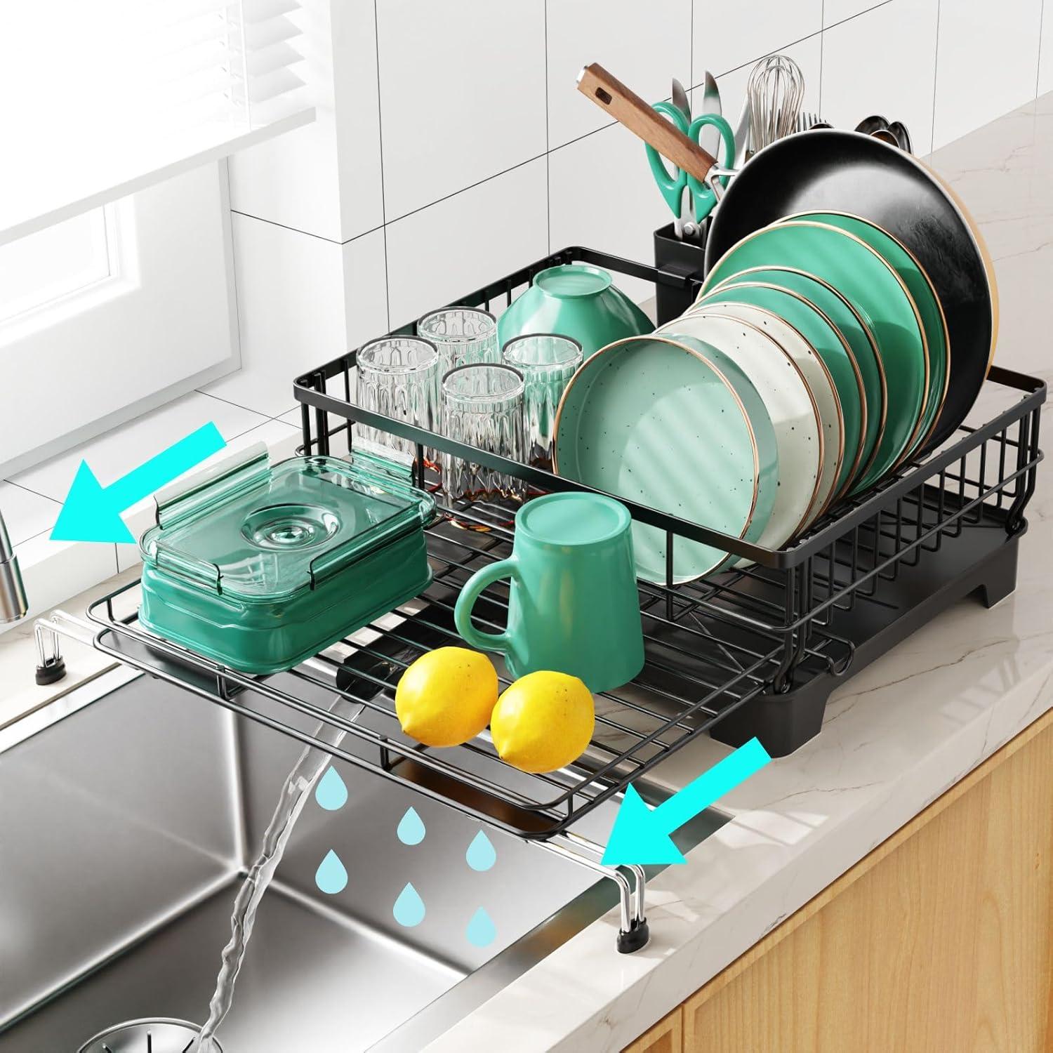 Expandable Black Stainless Steel Dish Drying Rack with Utensil Holder