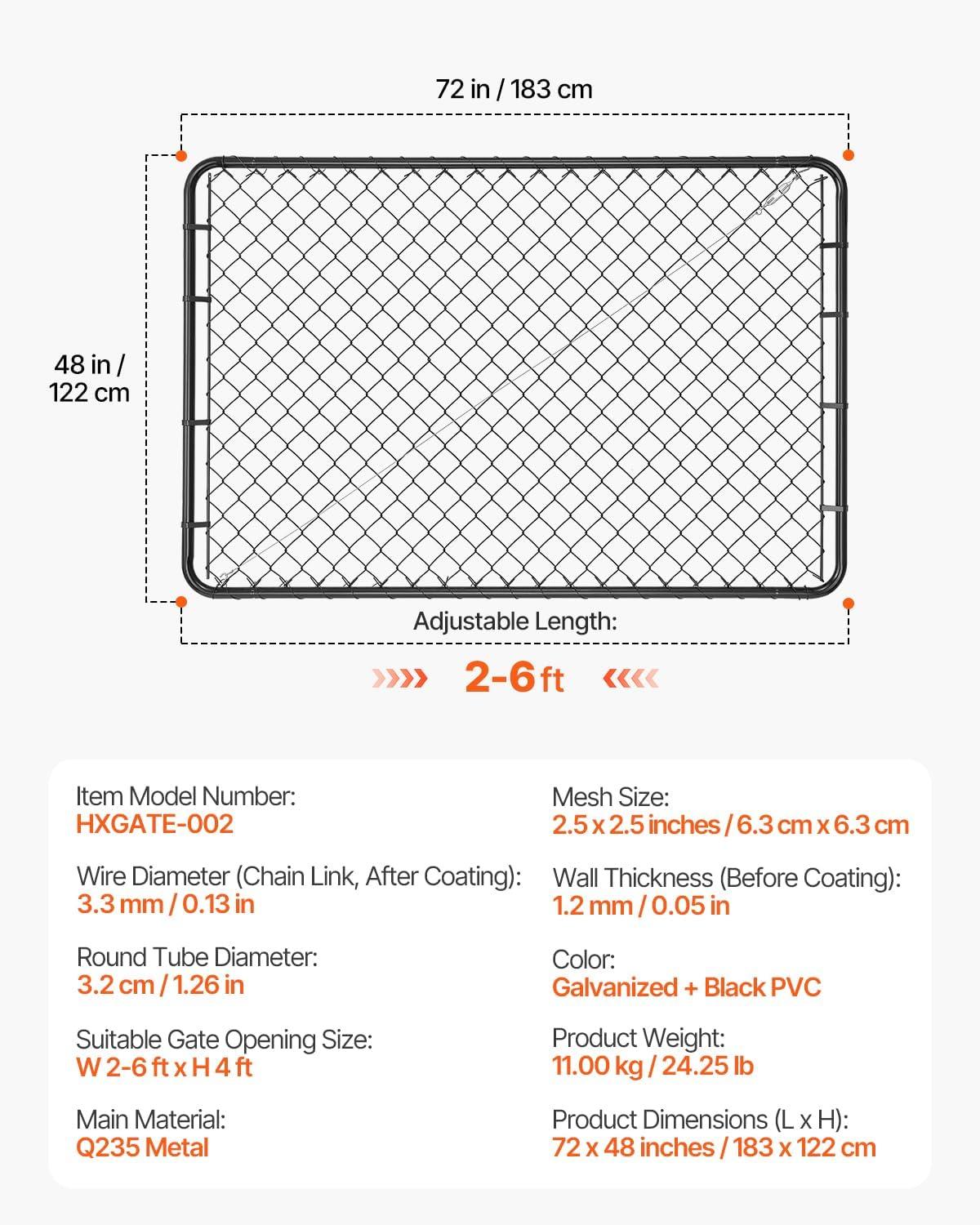 VEVOR Chain Link Fence Gate, 72 x 48 in, Adjustable Chain Link Fence Panel, Fit 2.2-6 ft (W) x 6 ft (H) Garden Fence Gate Opening, Fencing Gate with Plastic Coating, for Farm Black, Posts Not Included