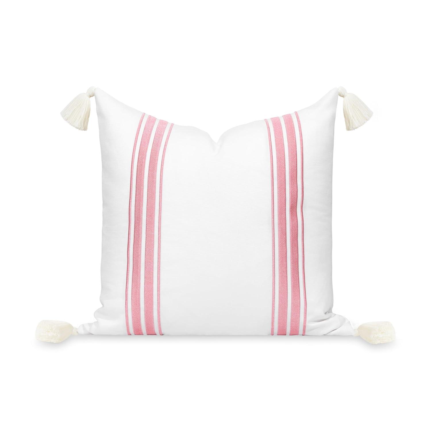 Hofdeco Premium Coastal Patio Indoor Outdoor Throw Pillow Cover Only, 20"x20" Water Repellent for Backyard, Couch, Blush Pink Embroidered Stripes with Tassels