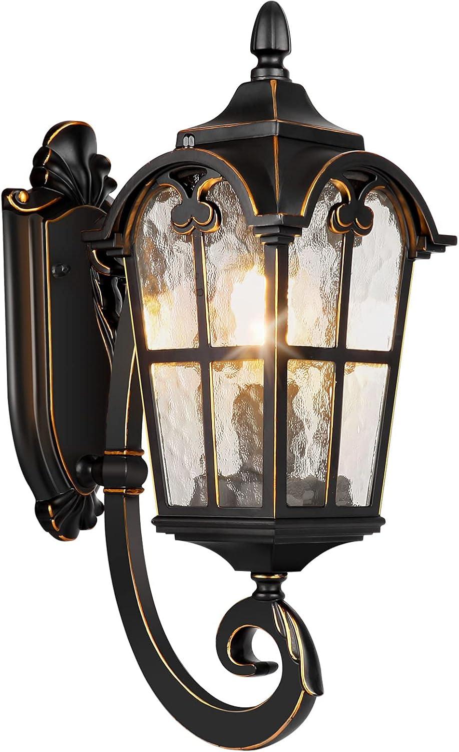 Black and Gold 17" Outdoor Wall Lantern Sconce with Water Glass Shade