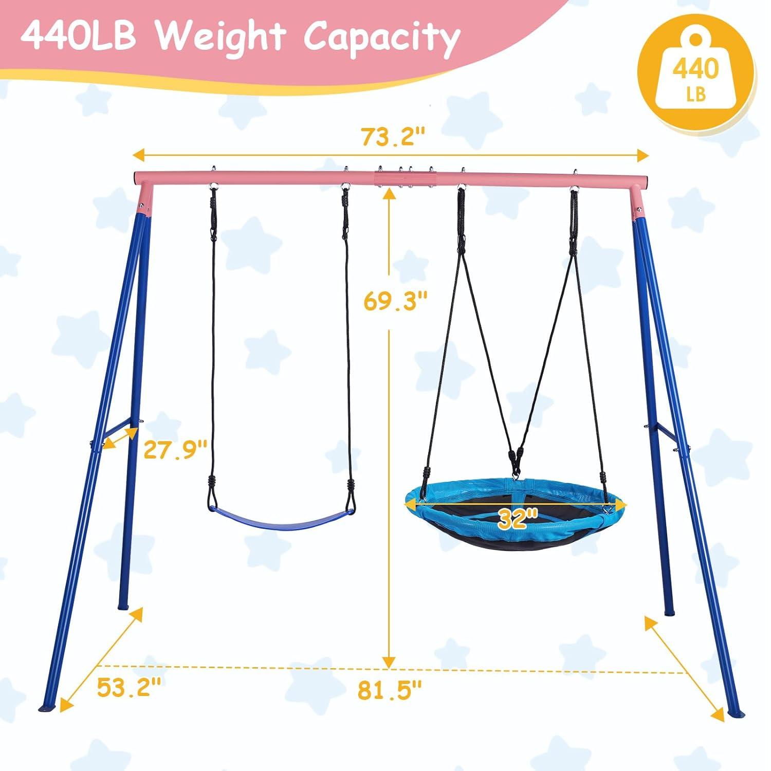 Outdoor Swings for Kids, 440lbs, Heavy-Duty A-Frame Metal Outdoor Swing Stand, 1 Saucer & 1 Belt Swing Seat for Playground, Backyard Blue