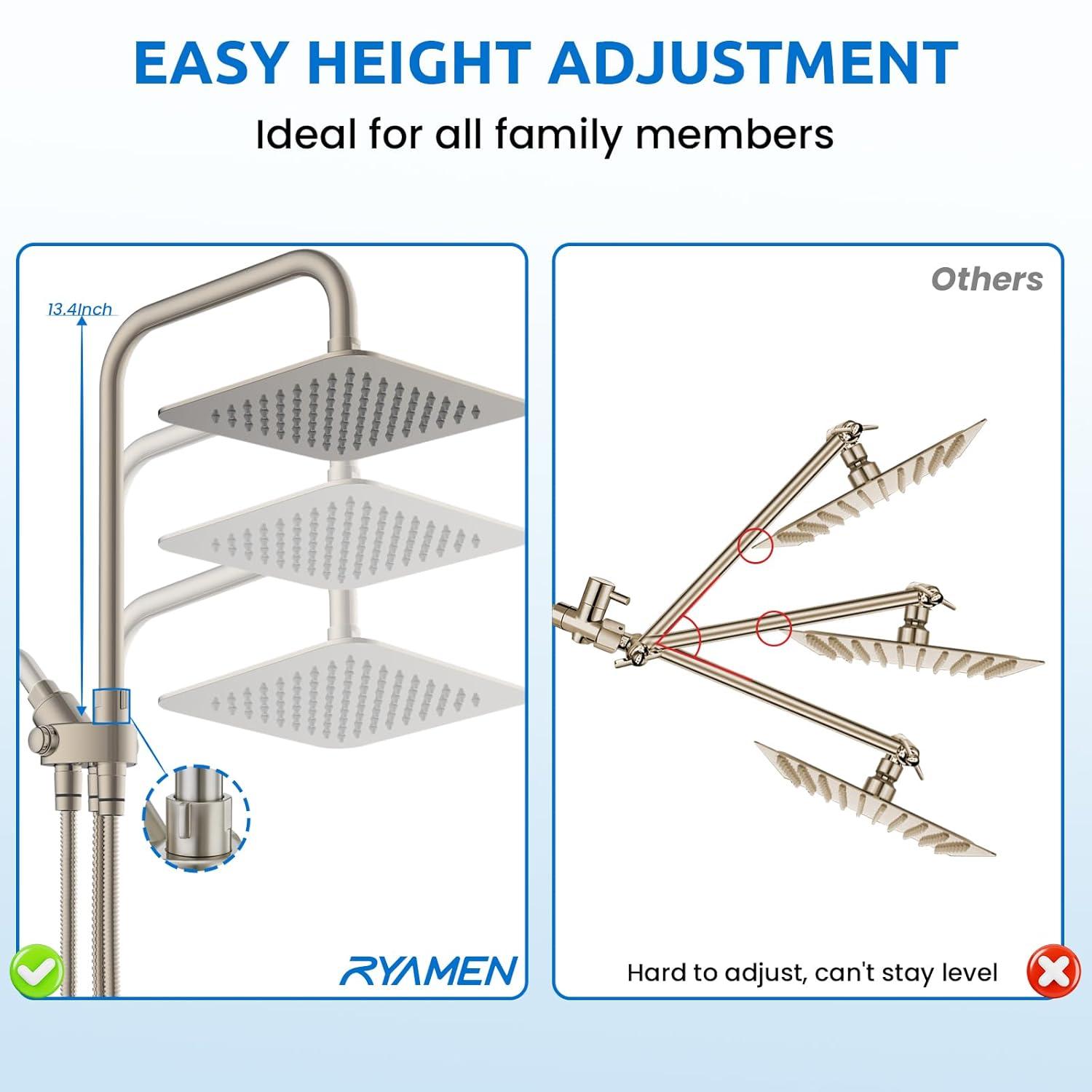 8" Dual Shower Head Combo, Rainfall Shower Head with Handheld, 6 Spray Settings Angle Adjustable Handheld Shower Head with Pause, Height Adjustable, Matte Black