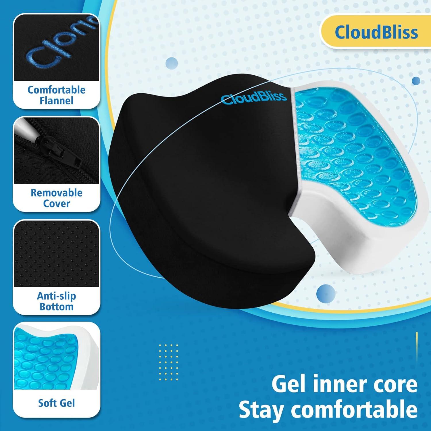 CloudBliss Gel Seat Cushion - Cooling Gel Enhanced Memory Foam Ergonomic Seat Cushion for Long Sitting for Office, Game, Car, Automotive, Airplane (Large, Black)