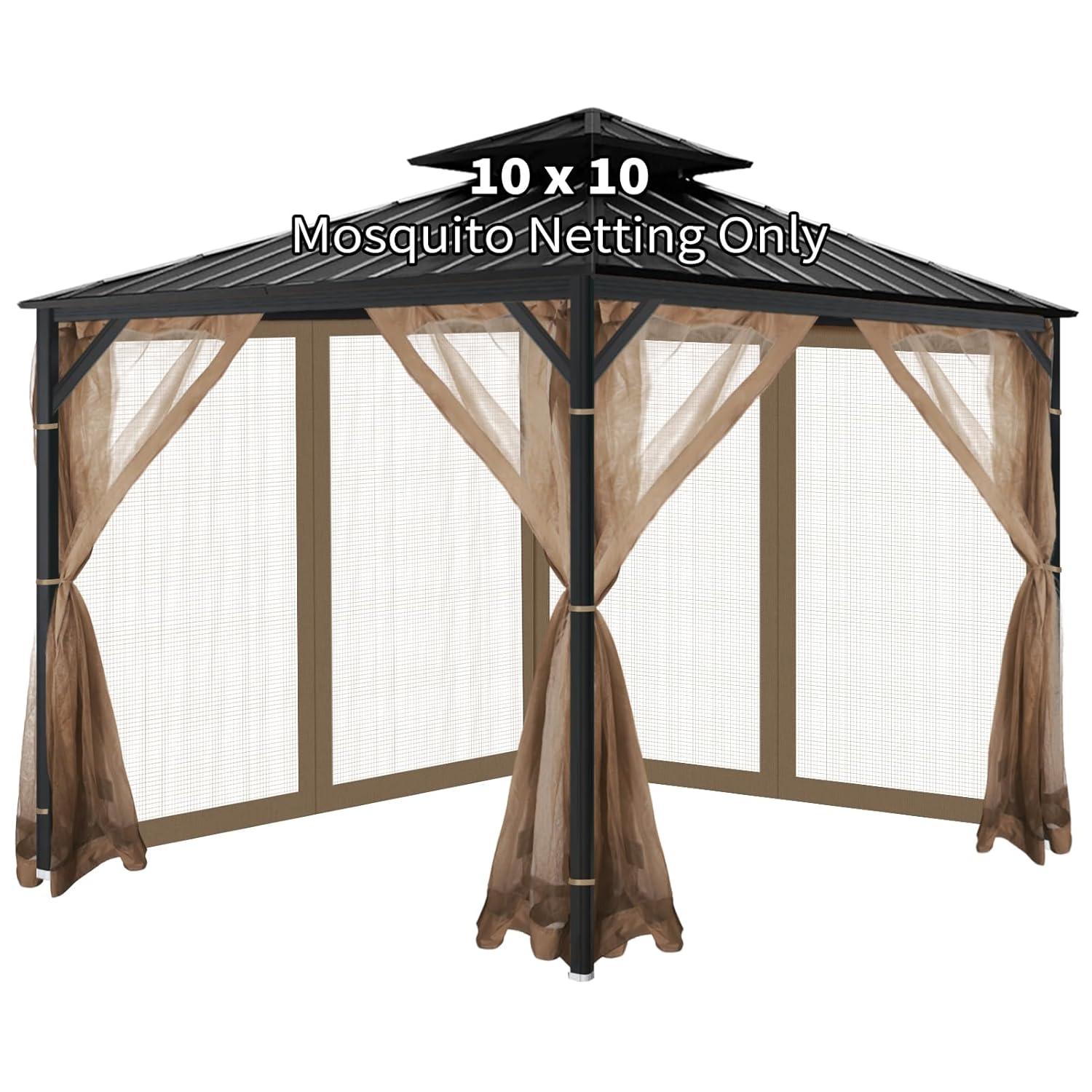 Gazebo Universal Replacement Mosquito Netting, 10'x10' Gazebo Netting Outdoor, 4-Panel Screen Walls for Outdoor Patio with Zipper (Mosquito Net Only) (Brown)