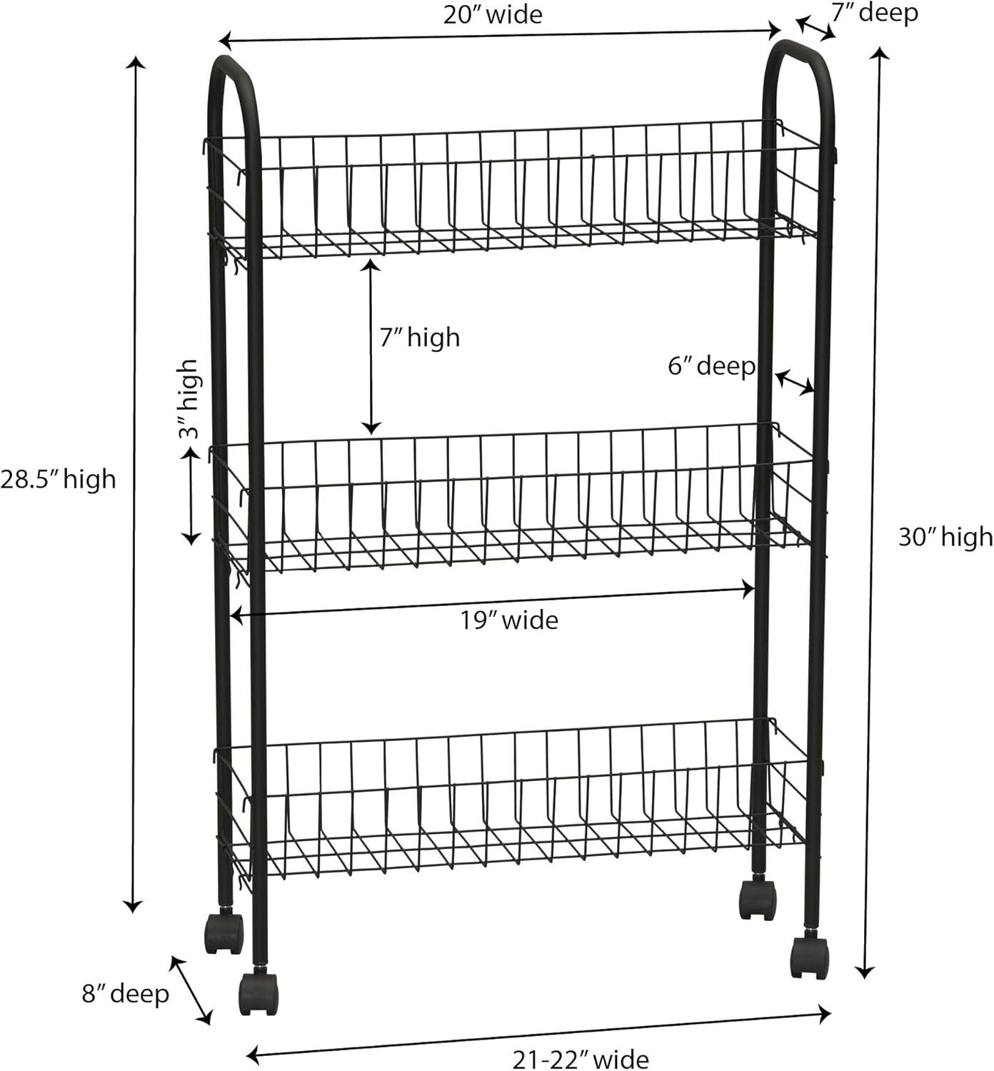 Household Essentials Slimline 3-Shelf Laundry Cart Black: Portable Steel Utility Storage Rack with 20 lb Capacity