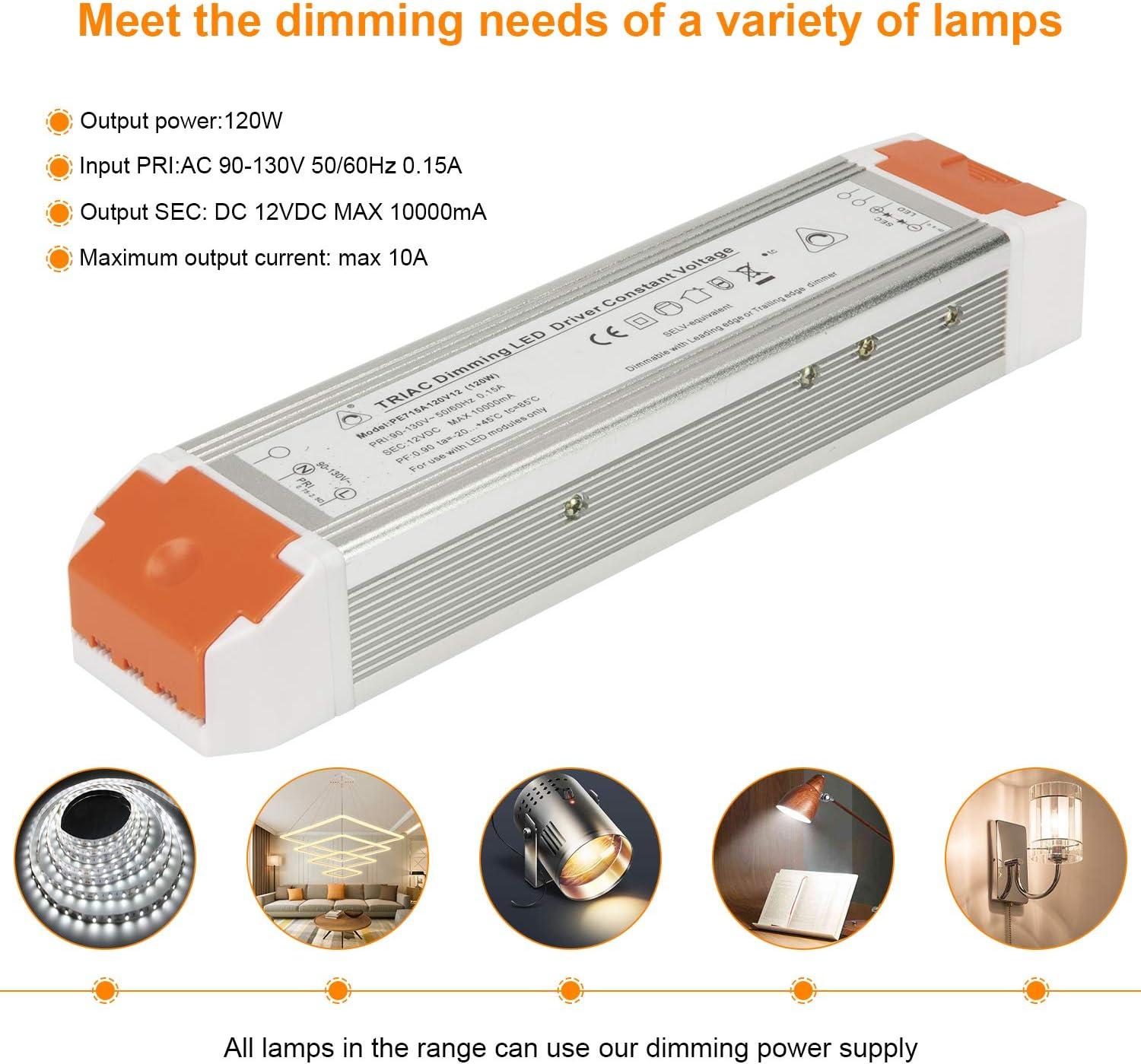 LED Dimmable Driver 120W 12V DC Quiet Operation Universal Regulated 12V Dimmable Power Supply Low Voltage Transformer for Constant LED Lights