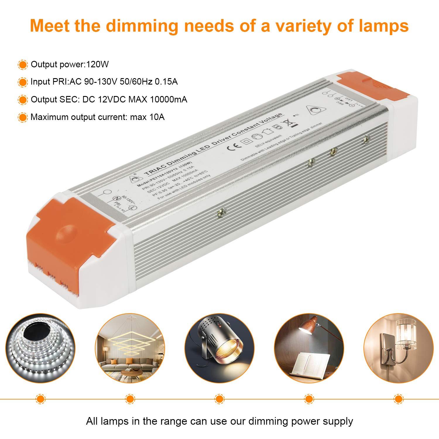 LED Dimmable Driver 120W 12V DC Quiet Operation Universal Regulated 12V Dimmable Power Supply Low Voltage Transformer for Constant LED Lights