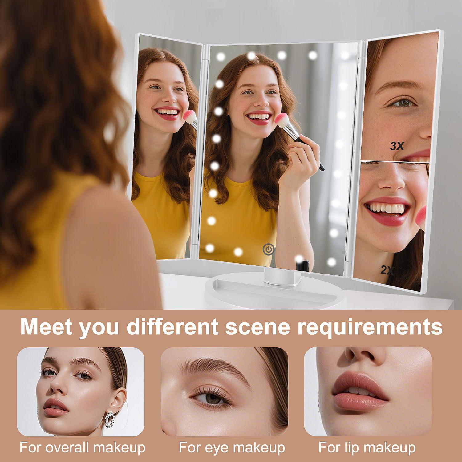 deweisn Floor Mount Tri-Fold Lighted Vanity Mirror with 21 LED Lights, Touch Screen and 3X/2X/1X Magnification, Two Power Supply Modes Make Up Mirror,Travel Mirror