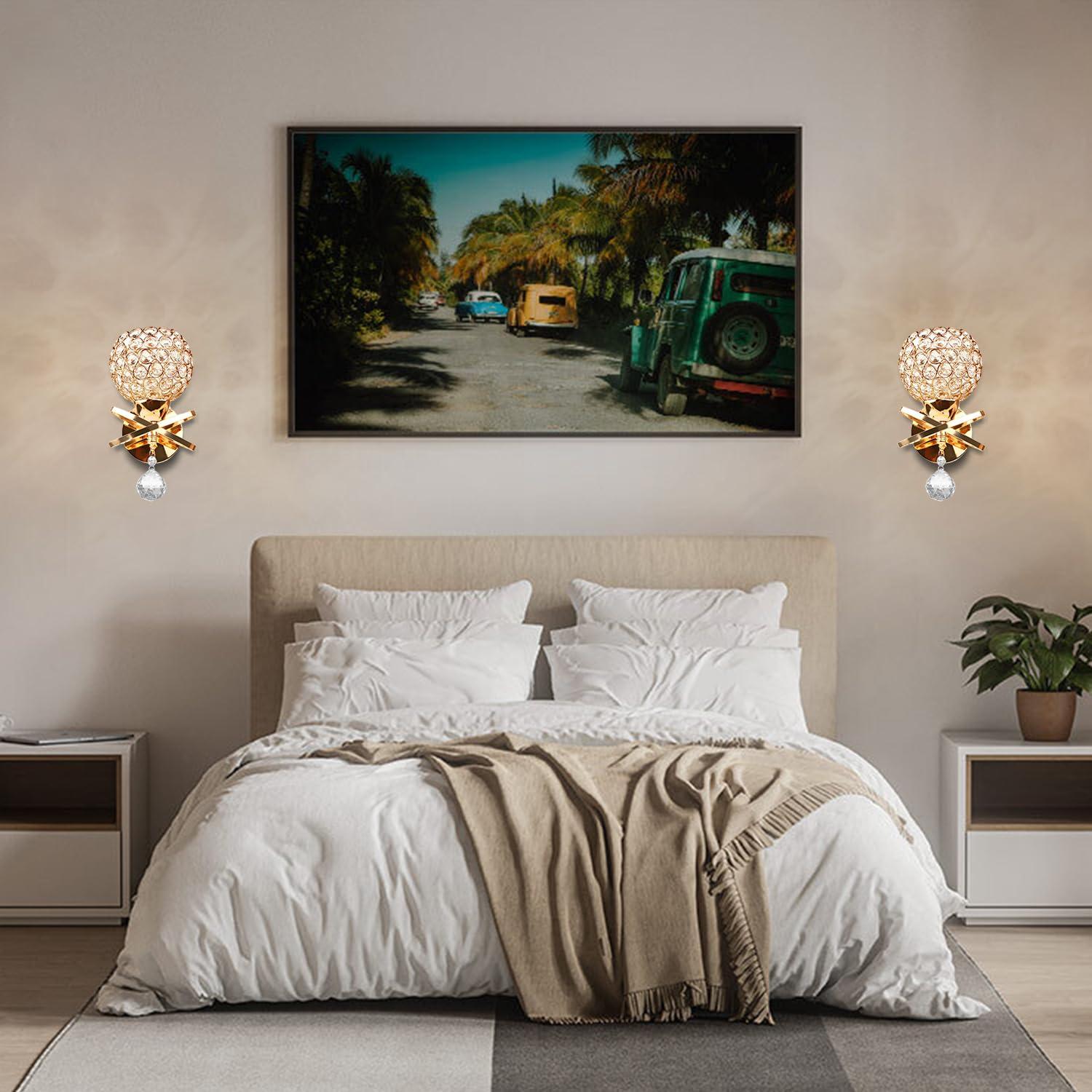 Gold Wall Sconces Set of Two, Modern Crystal Wall Light with E26 Socket Hardwired Sconces Wall Lighting Bedside Wall Lamp Crystal Decor Wall Mount Light Fixture for Living room, Bedroom, Hallway