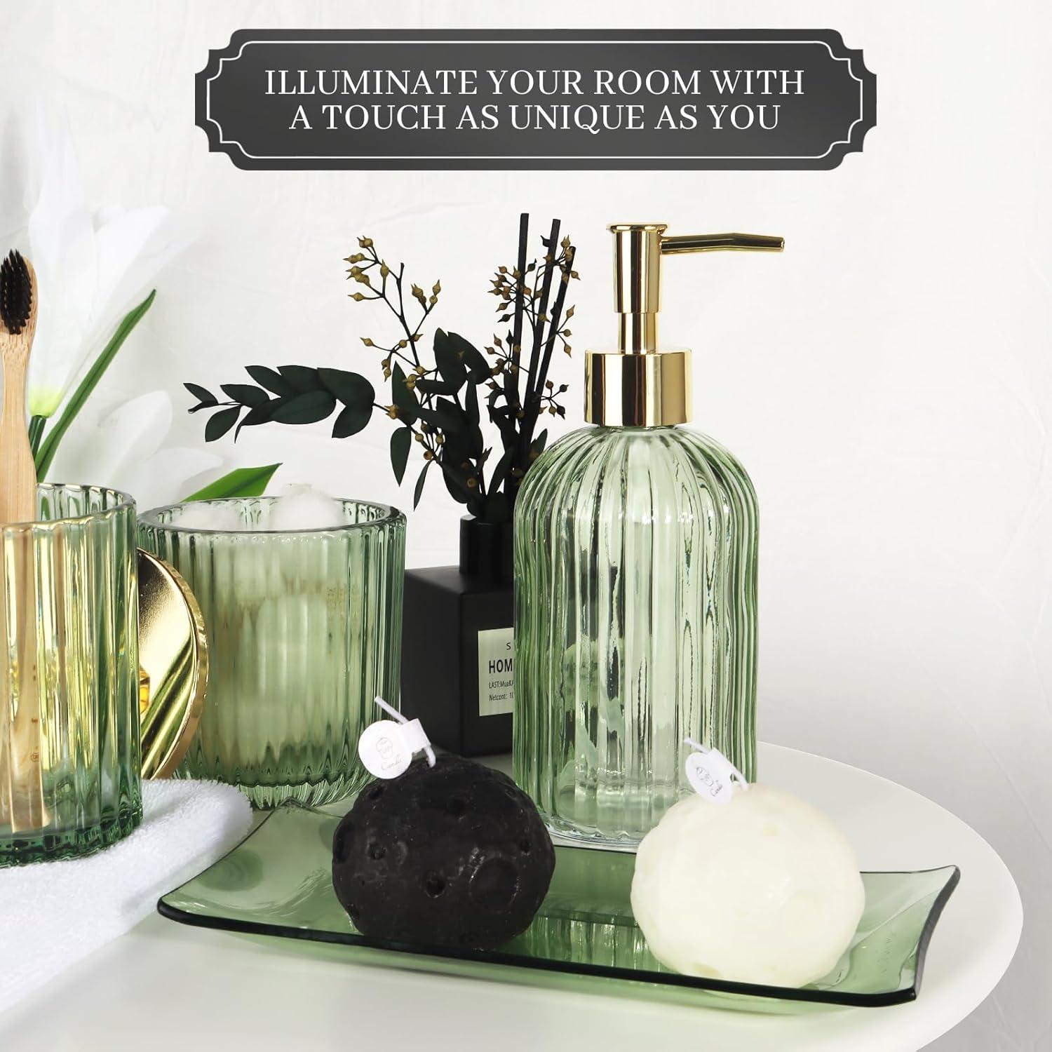 Green Glass Bathroom Accessories Set with Gold Accents, 4 Pieces