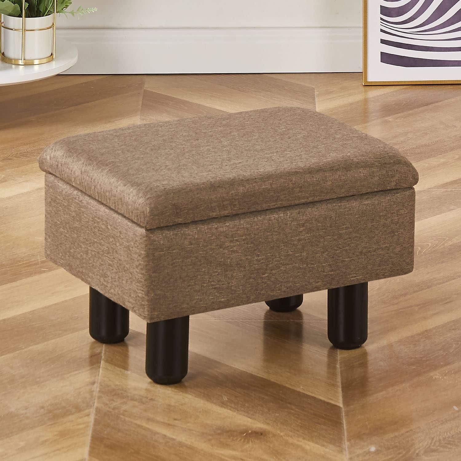 Brown Linen Small Foot Stool with Storage and Solid Wood Legs