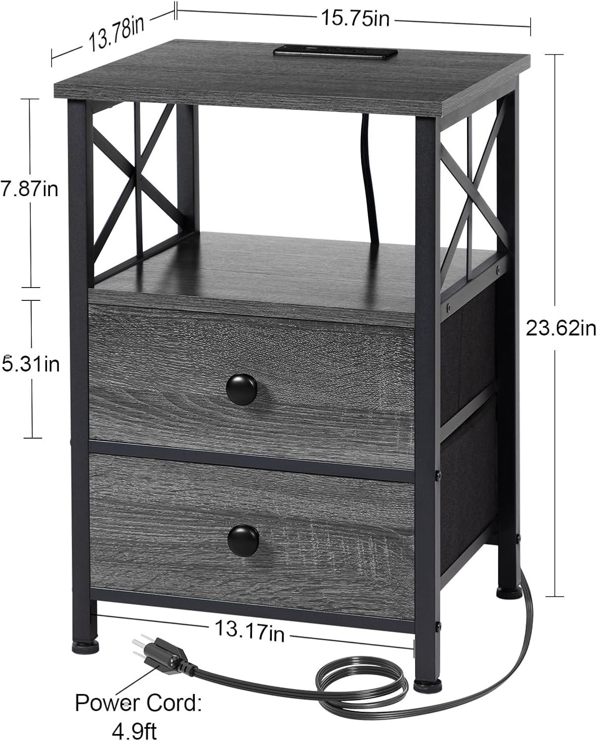 Dark Gray Metal Frame Nightstand Set with Charging Station